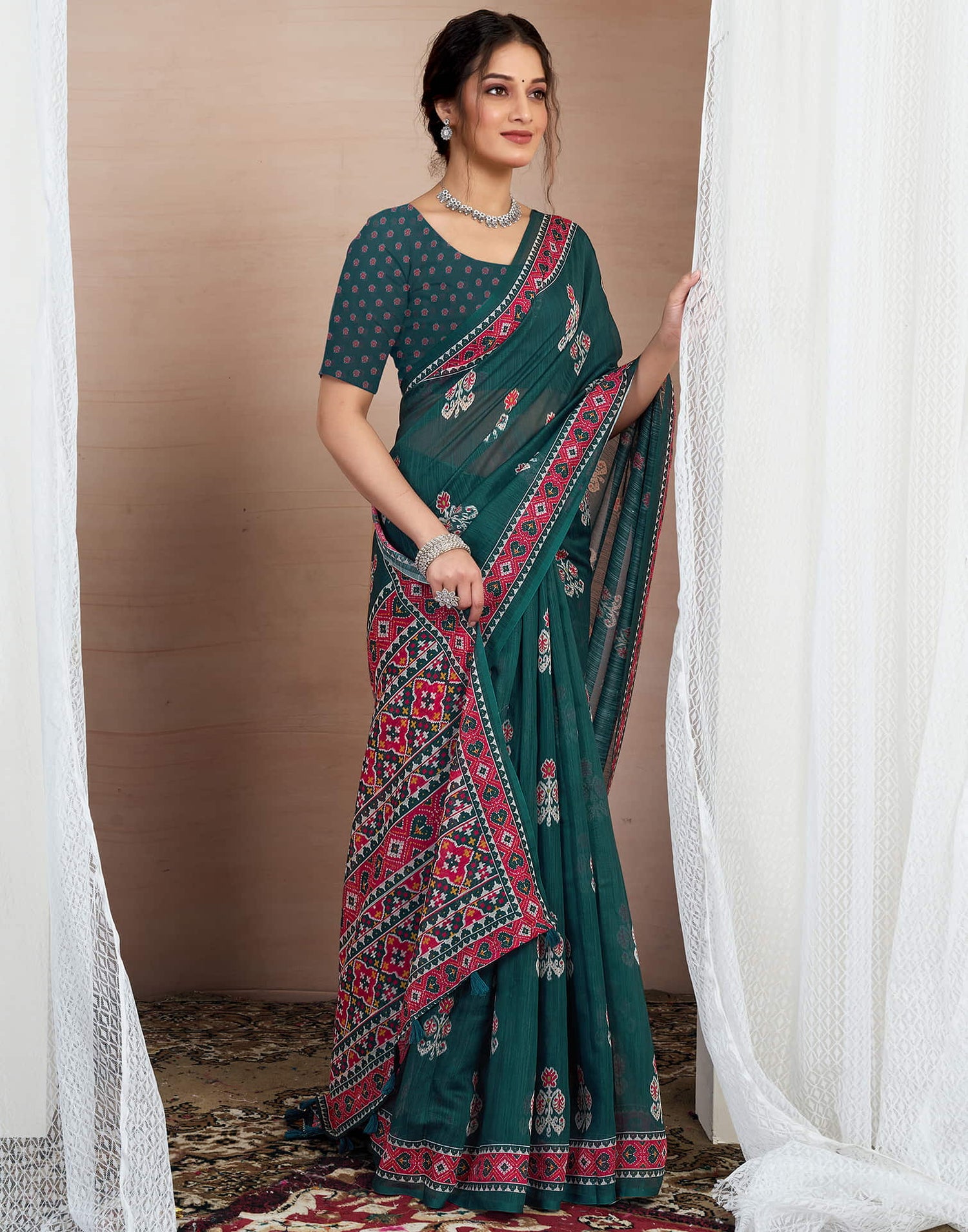 Rama Green Cotton Printed Saree