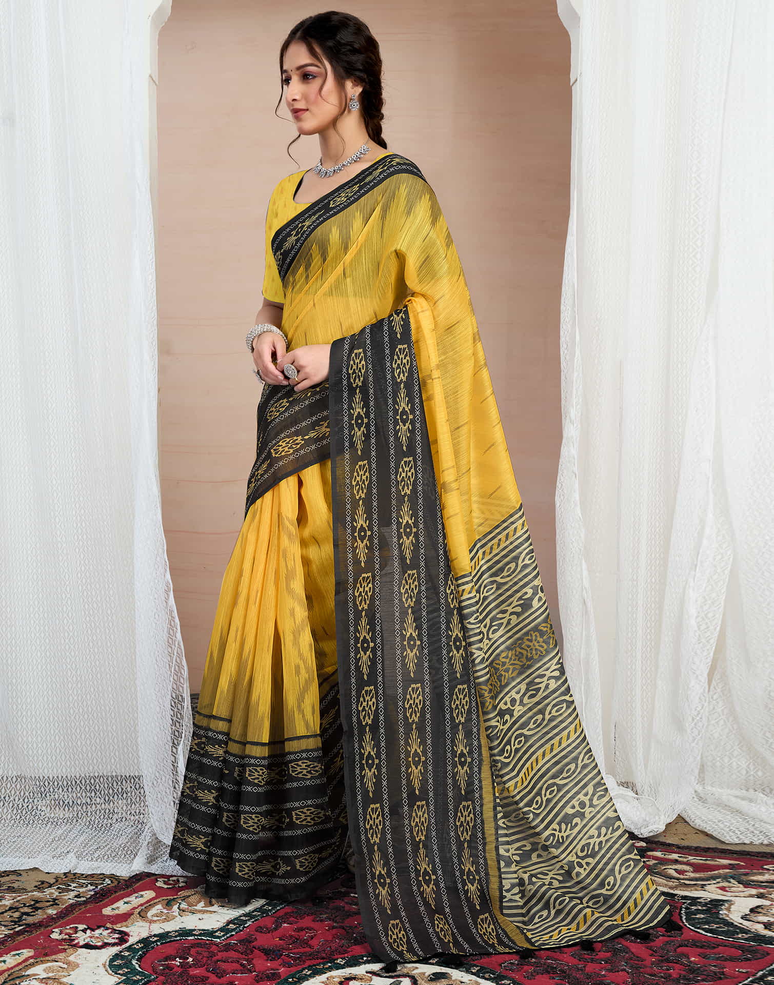 Yellow Cotton Printed Saree