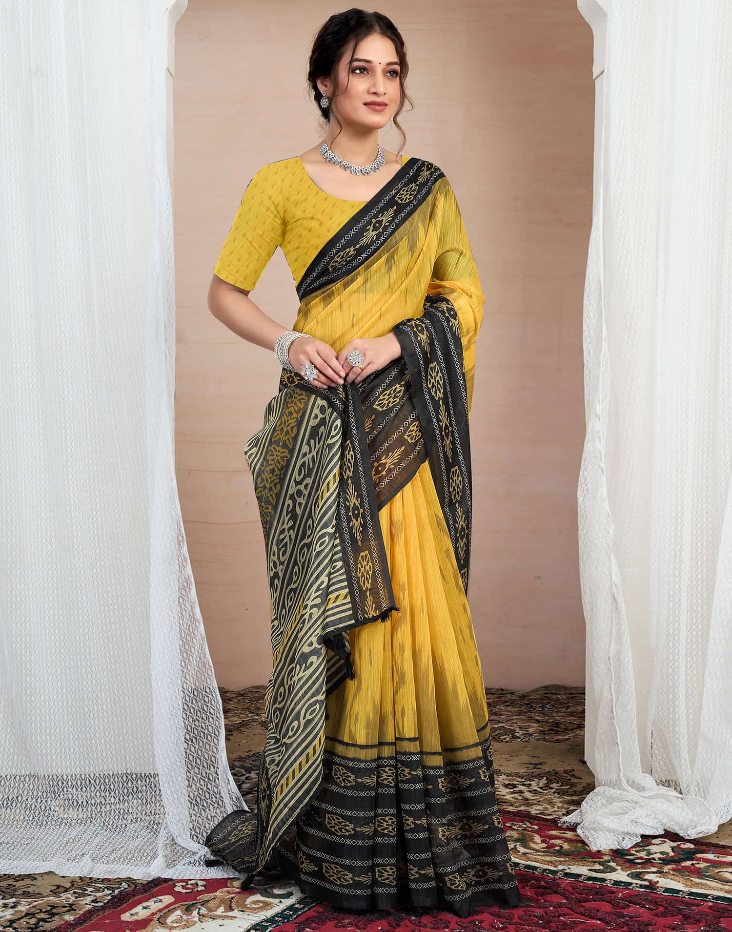 Yellow Cotton Printed Saree