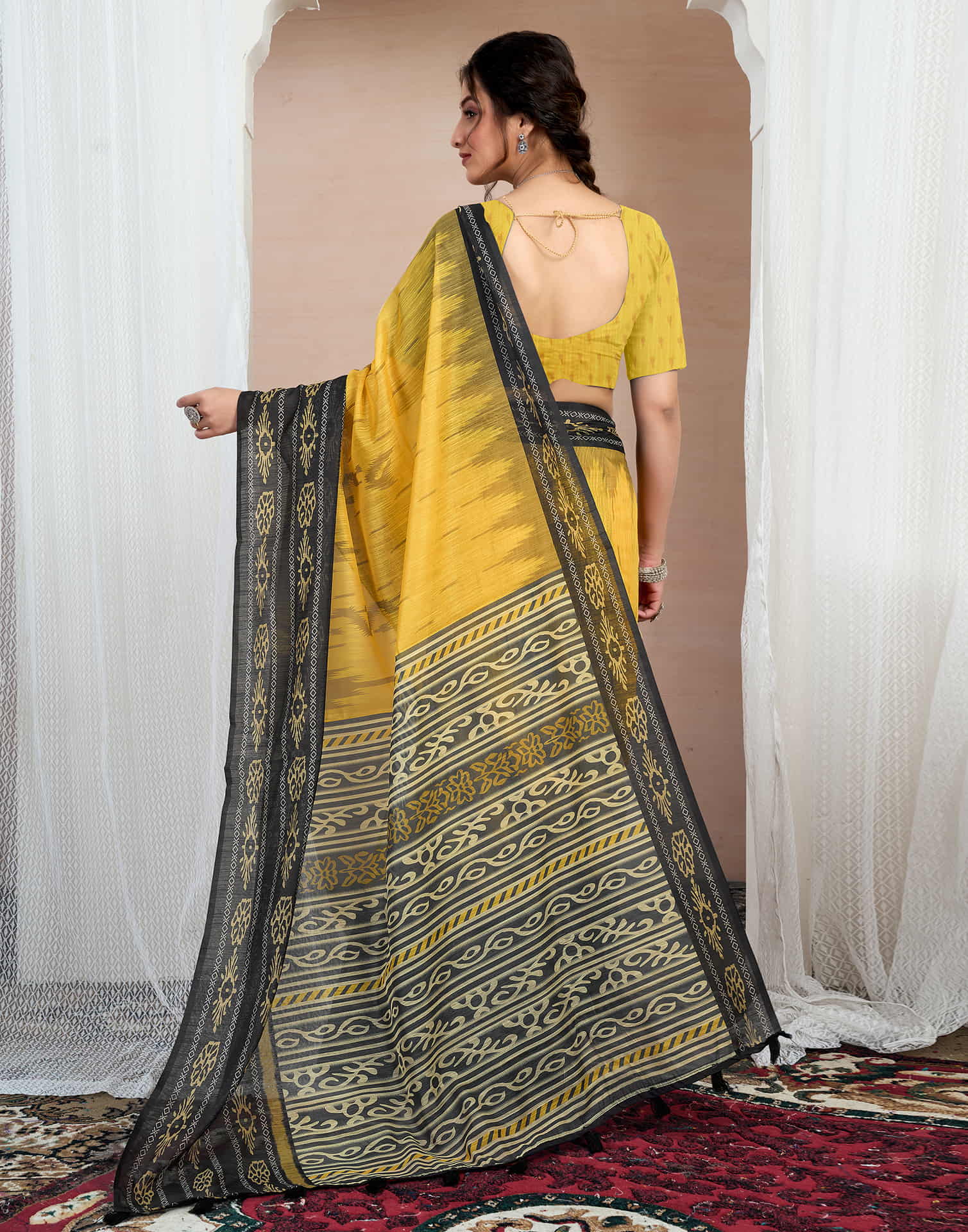 Yellow Cotton Printed Saree