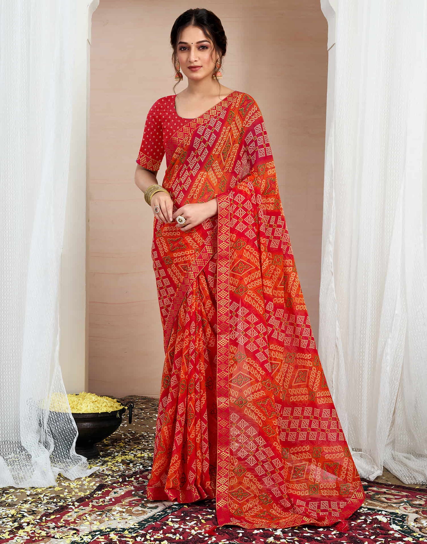 Red Chiffon Printed Bandhani Saree