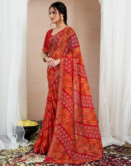 Red Chiffon Printed Bandhani Saree