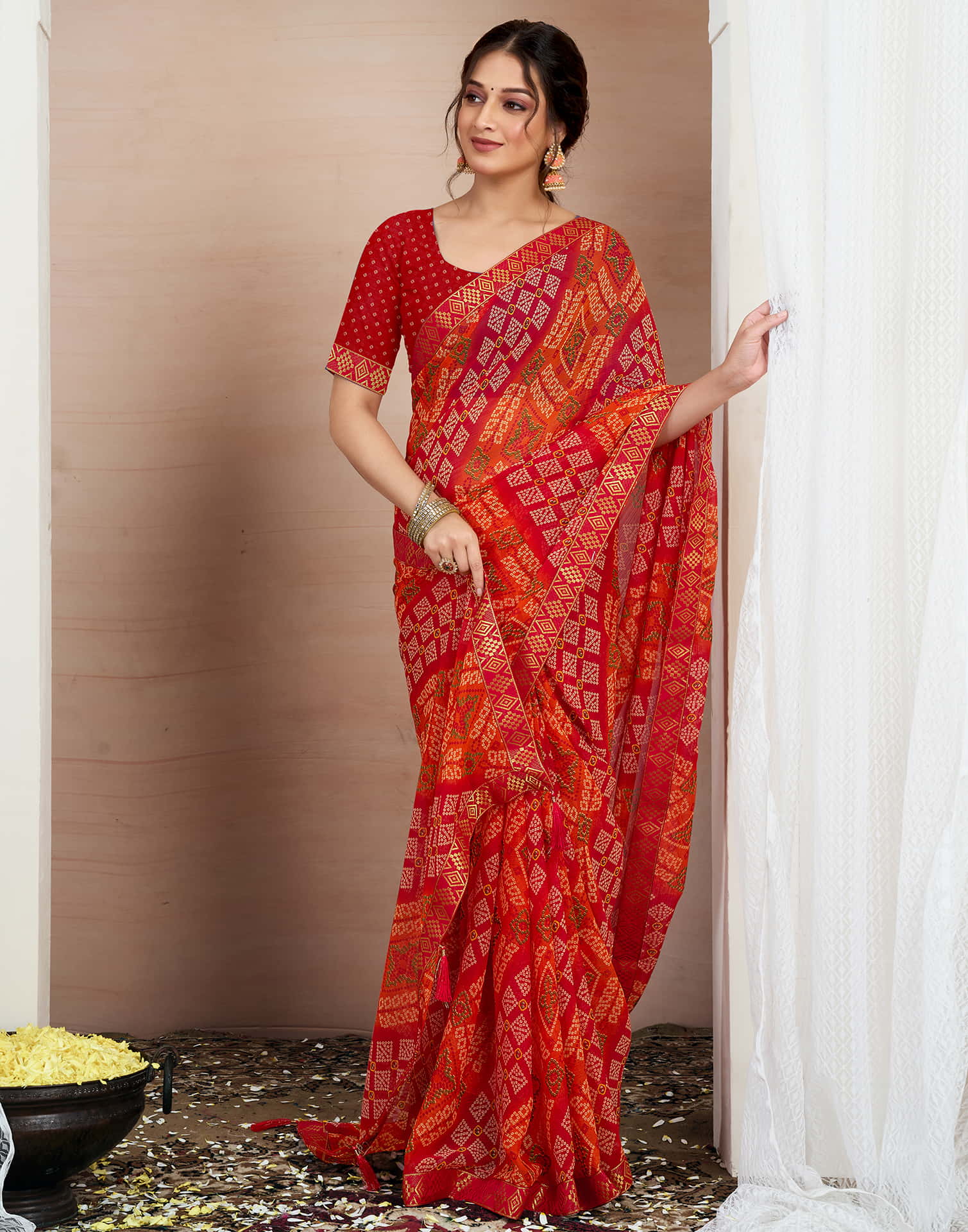 Red Chiffon Printed Bandhani Saree