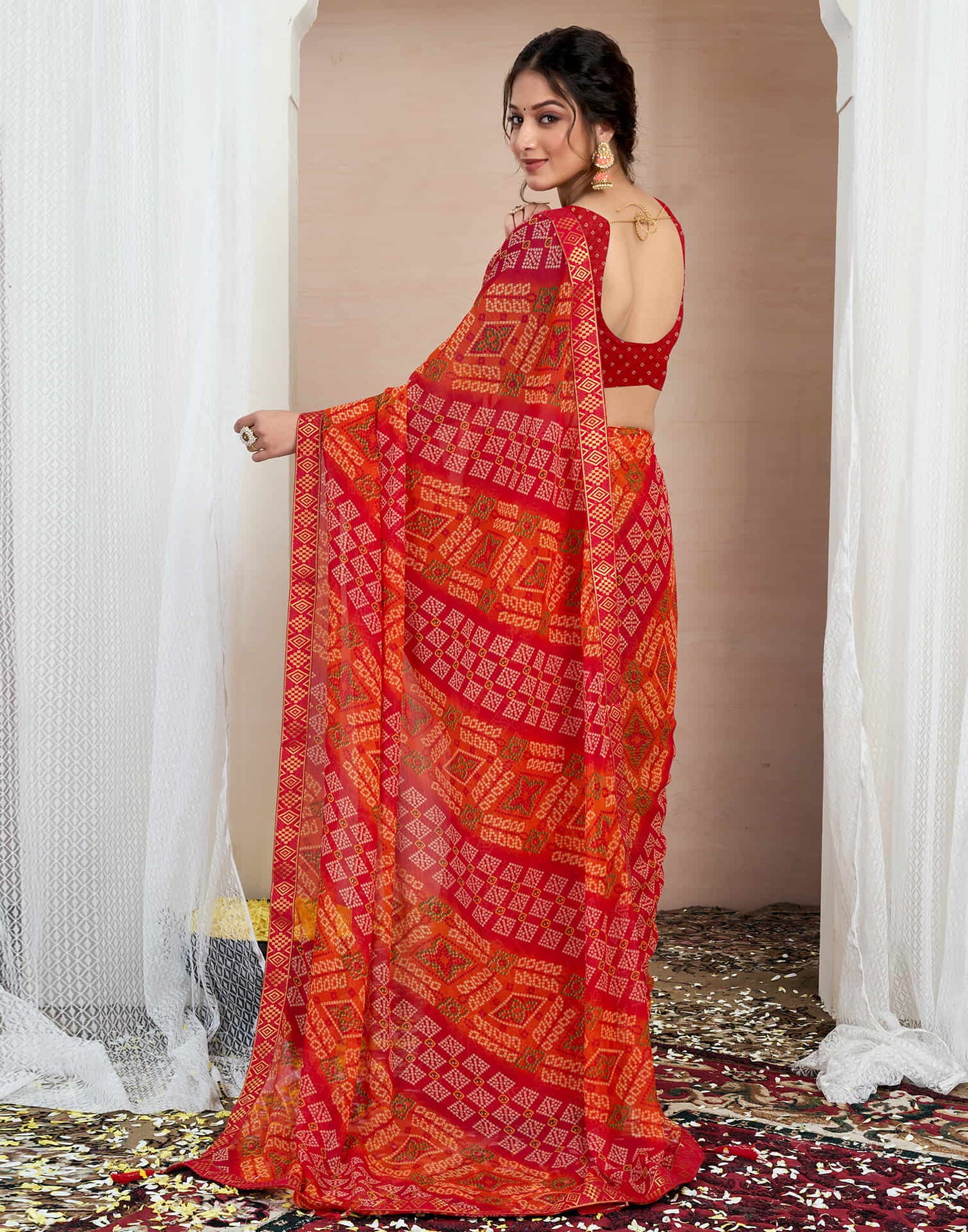 Red Chiffon Printed Bandhani Saree