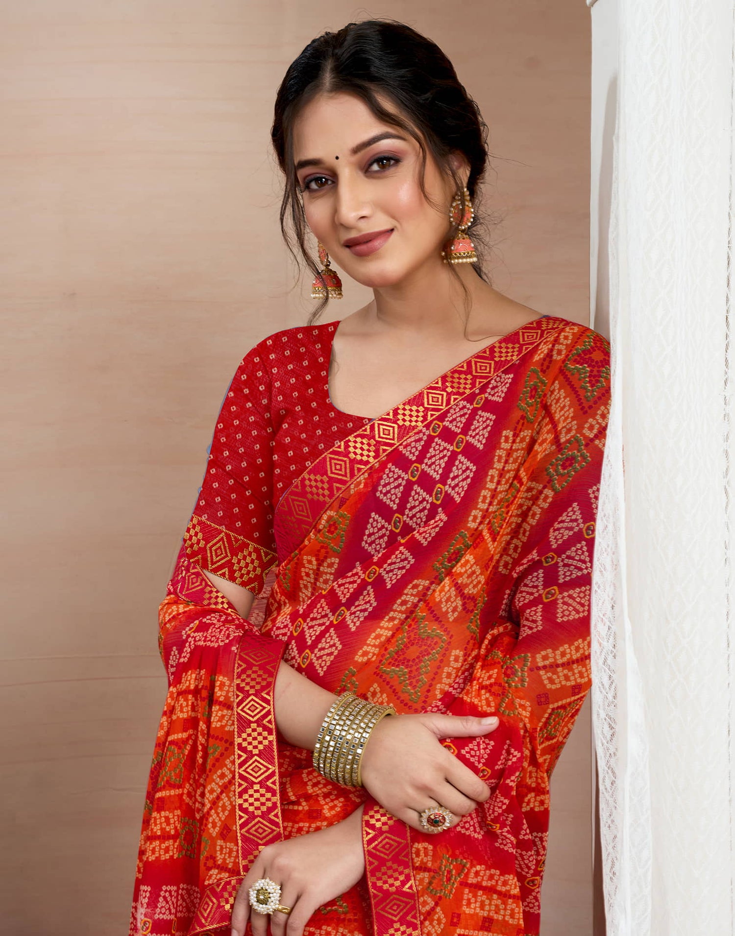 Red Chiffon Printed Bandhani Saree