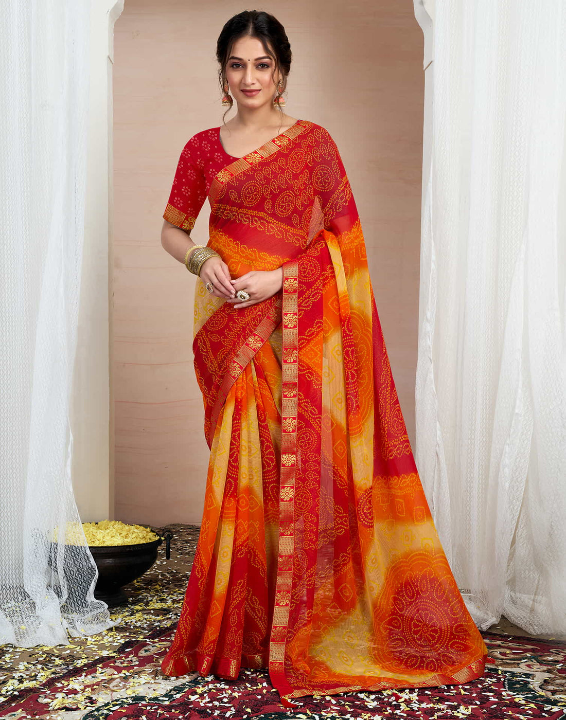 Red Chiffon Printed Bandhani Saree