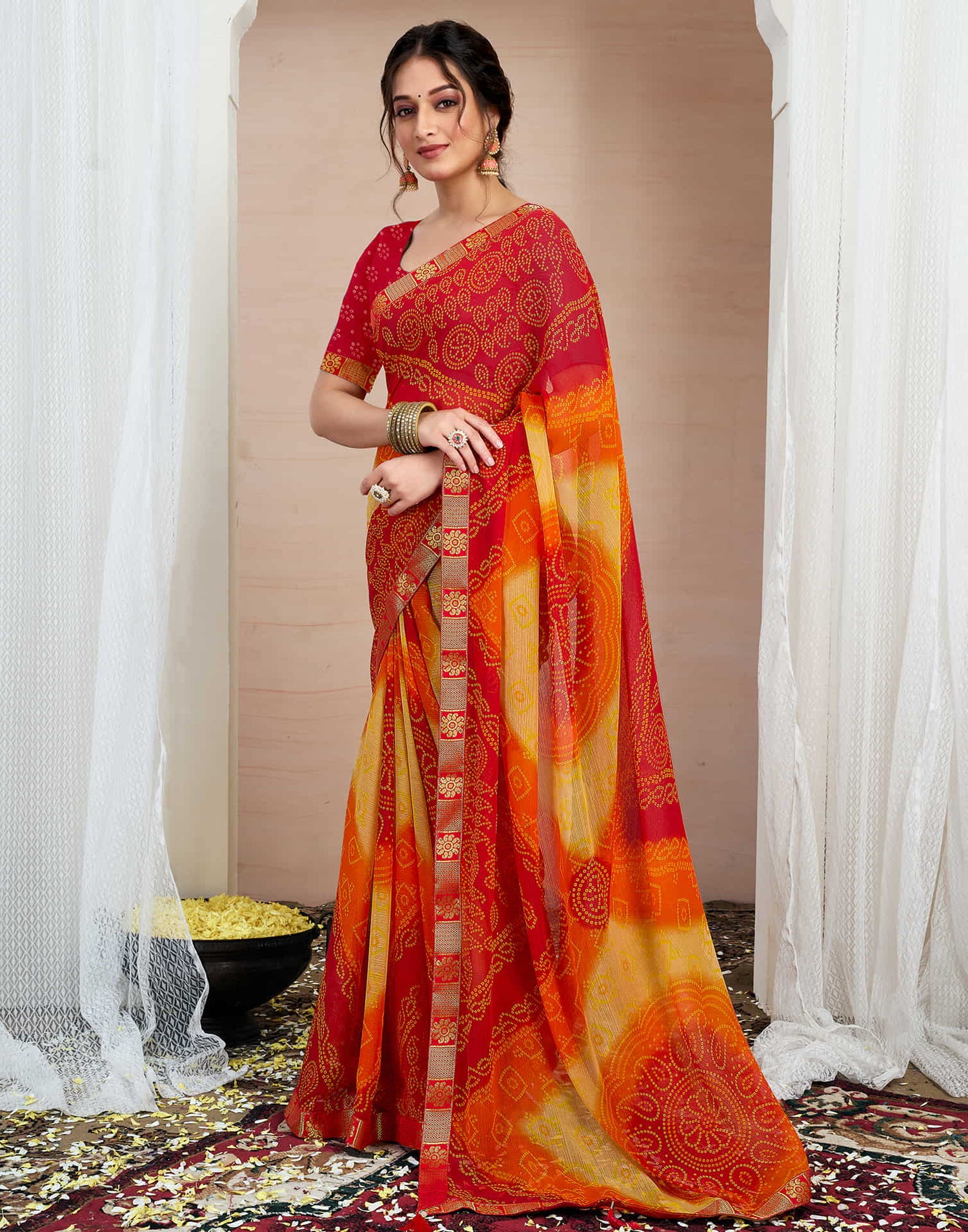 Red Chiffon Printed Bandhani Saree