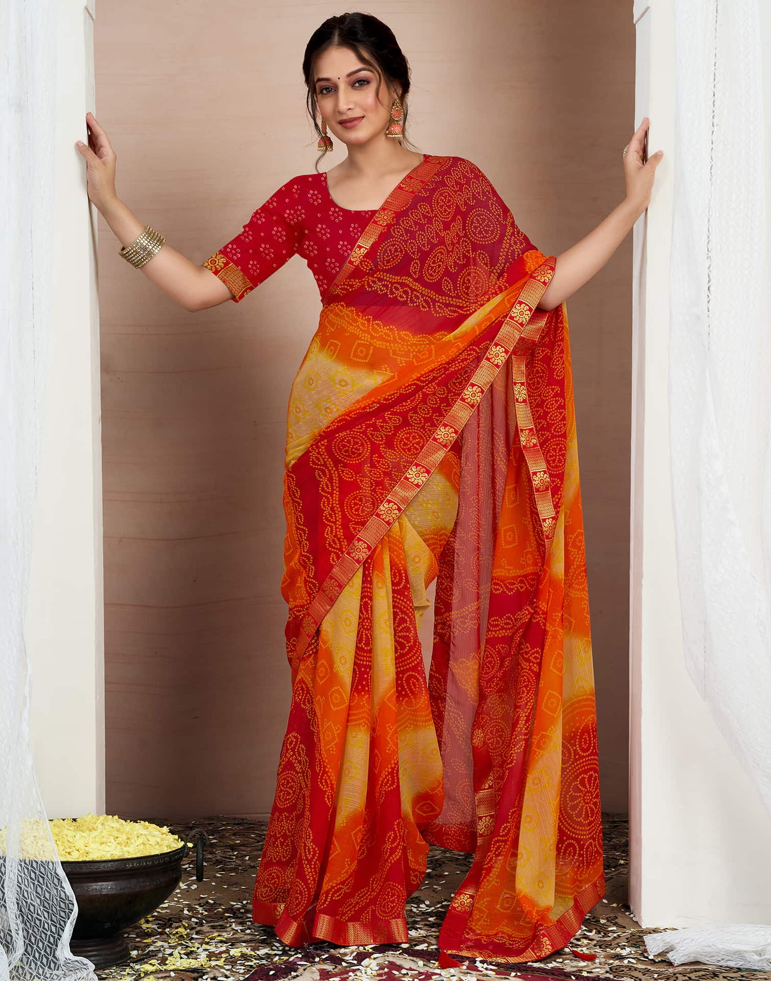 Red Chiffon Printed Bandhani Saree