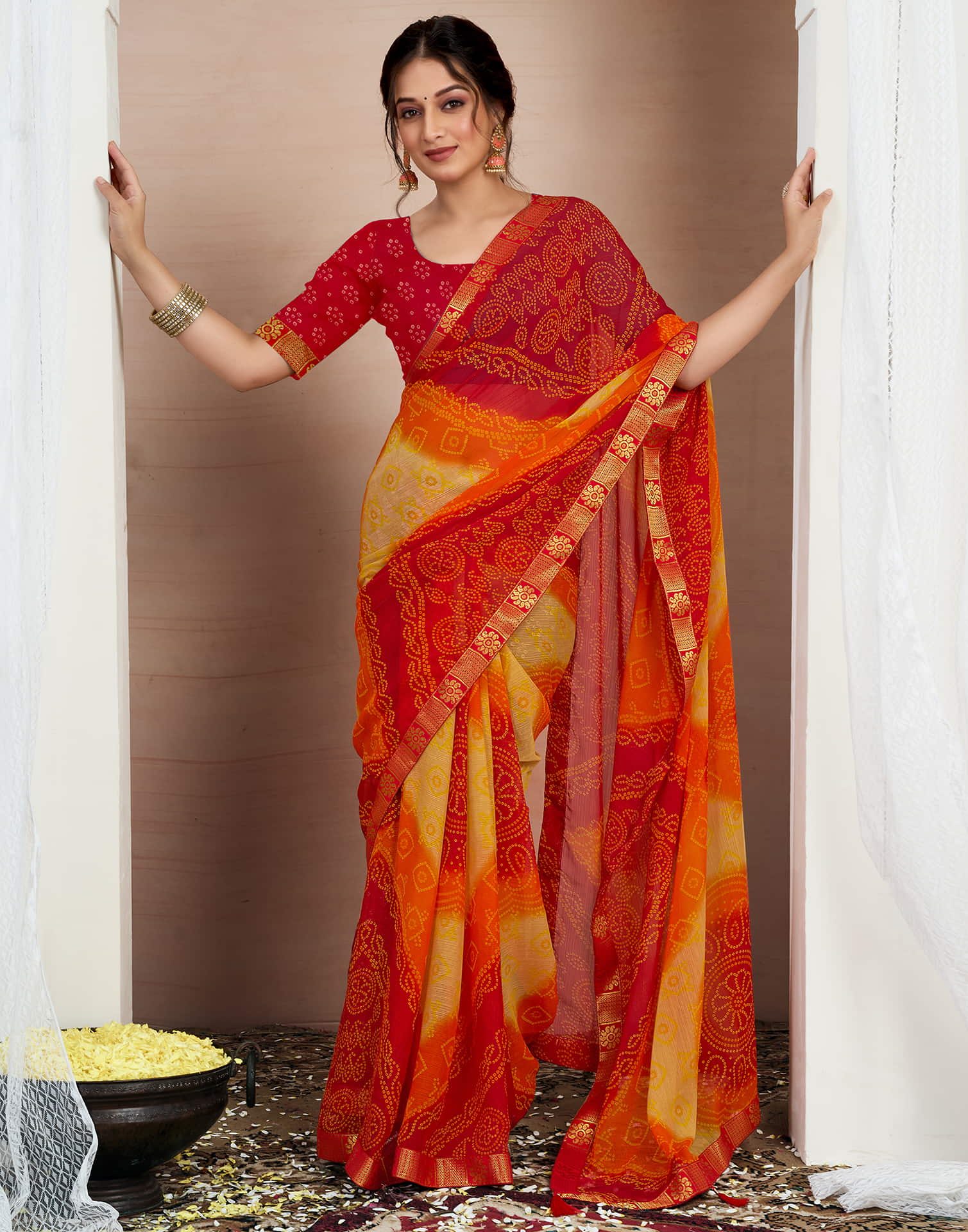 Red Chiffon Printed Bandhani Saree