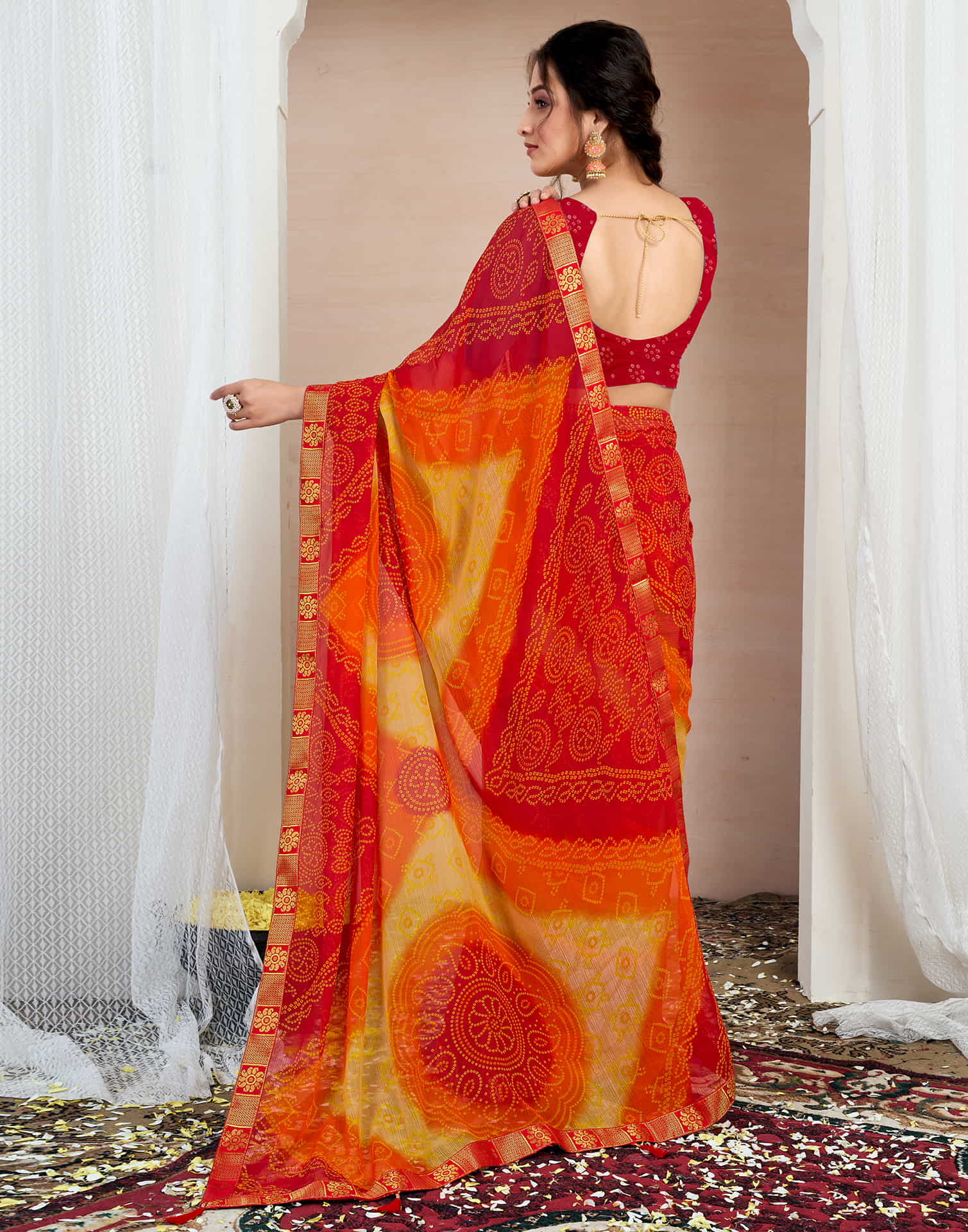 Red Chiffon Printed Bandhani Saree