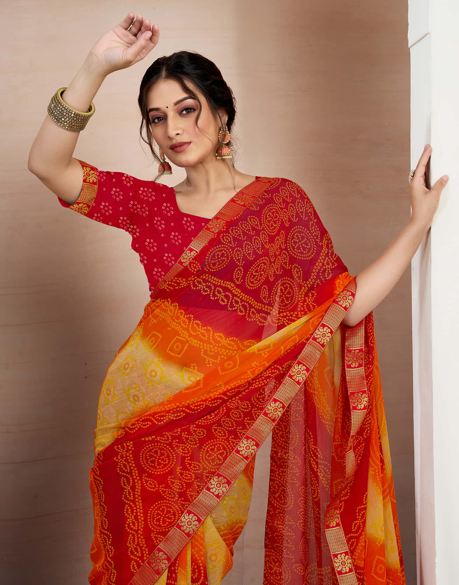 Red Chiffon Printed Bandhani Saree