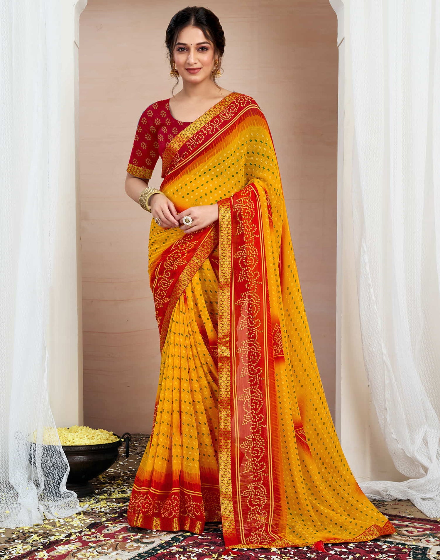 Yellow Chiffon Printed Bandhani Saree – Sudathi