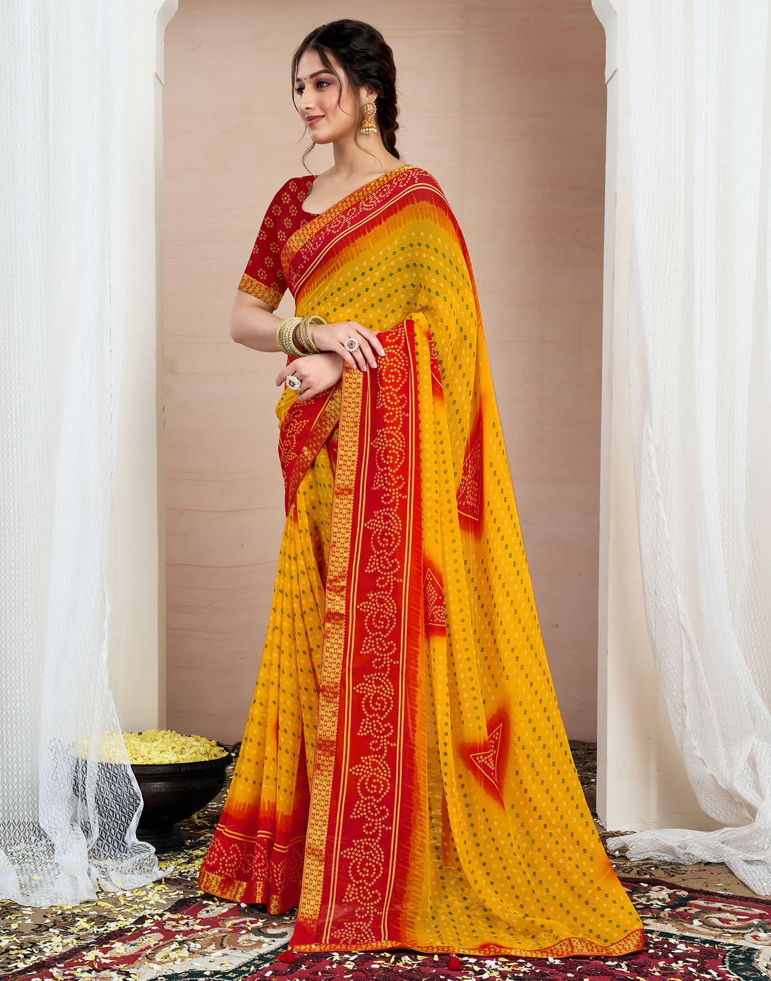 Yellow Chiffon Printed Bandhani Saree