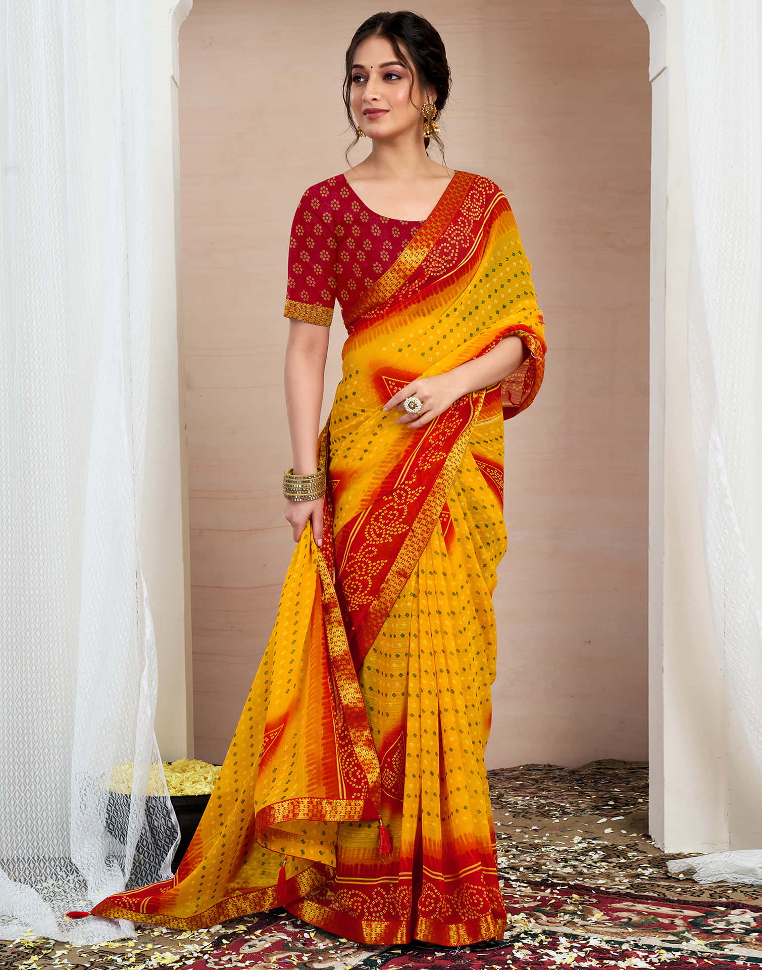 Yellow Chiffon Printed Bandhani Saree