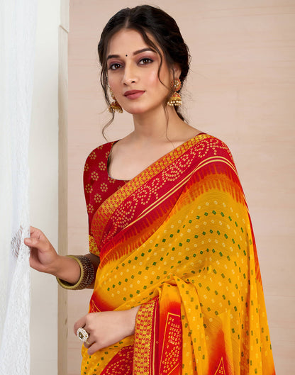 Yellow Chiffon Printed Bandhani Saree