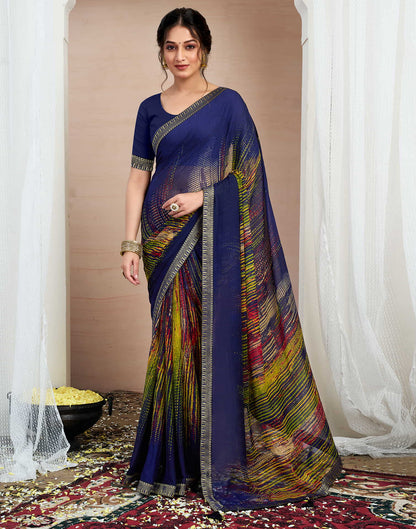 Navy Blue Chiffon Printed Saree