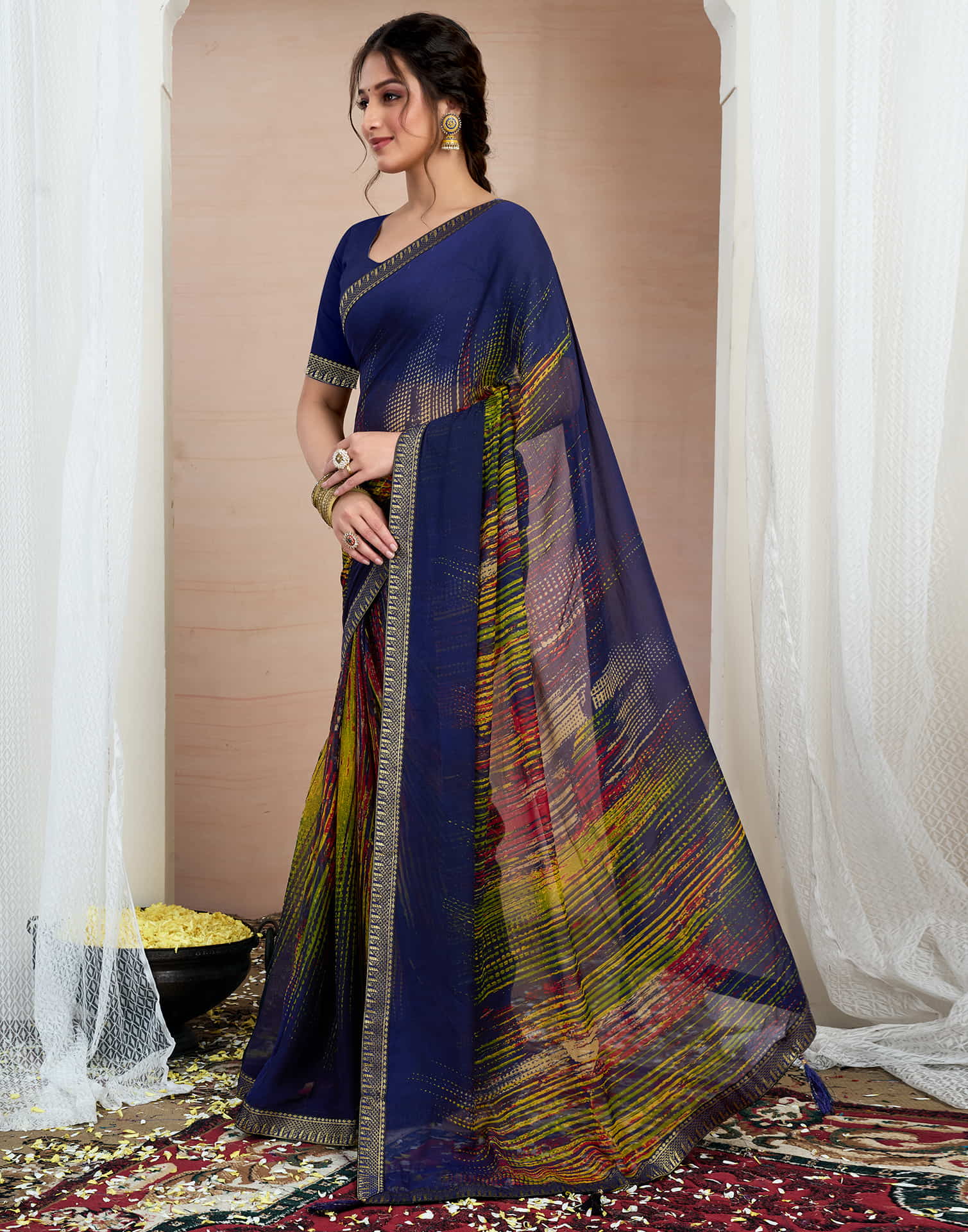 Navy Blue Chiffon Printed Saree