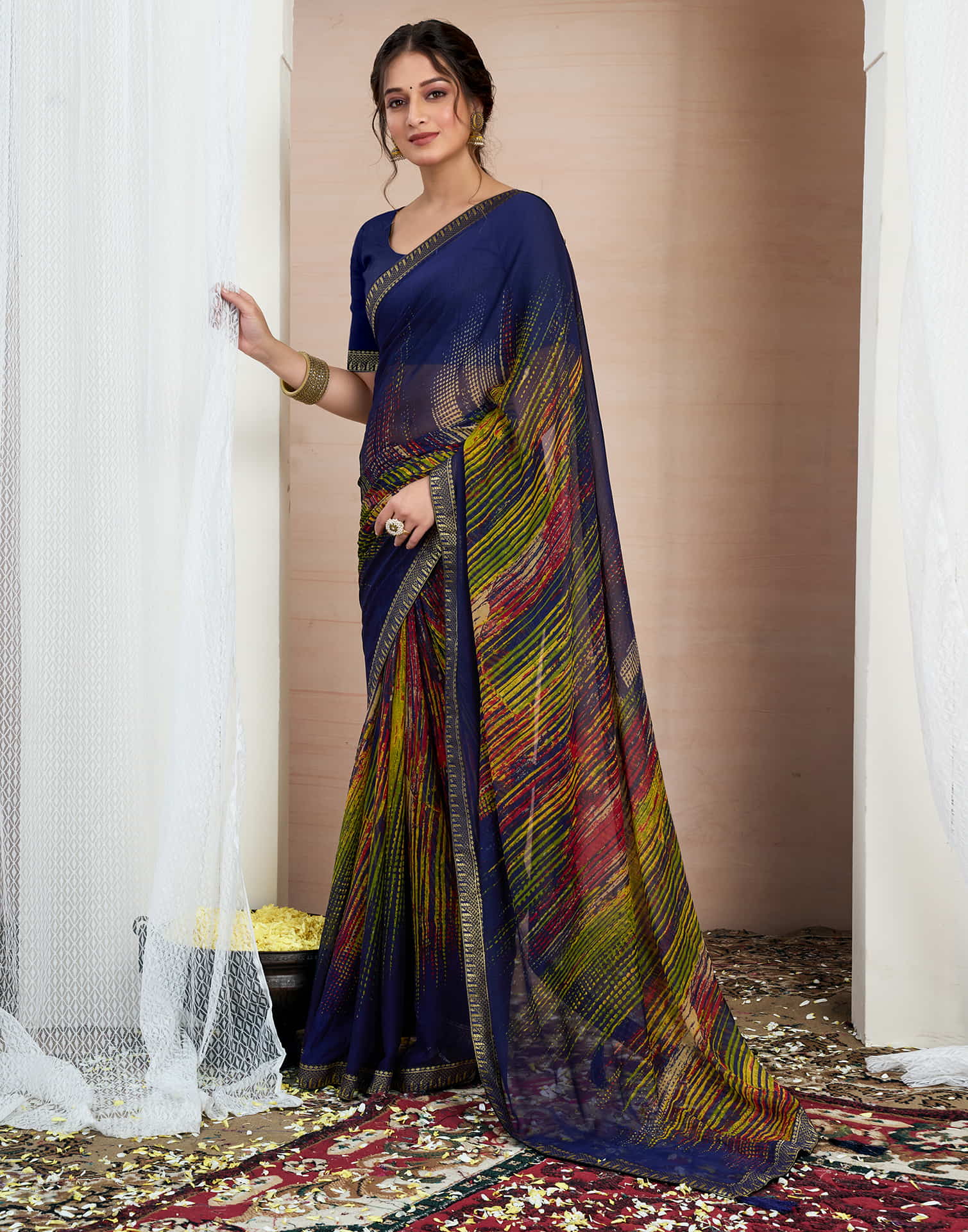 Navy Blue Chiffon Printed Saree