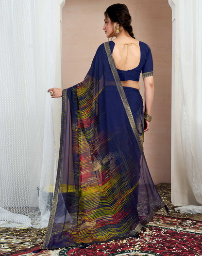 Navy Blue Chiffon Printed Saree