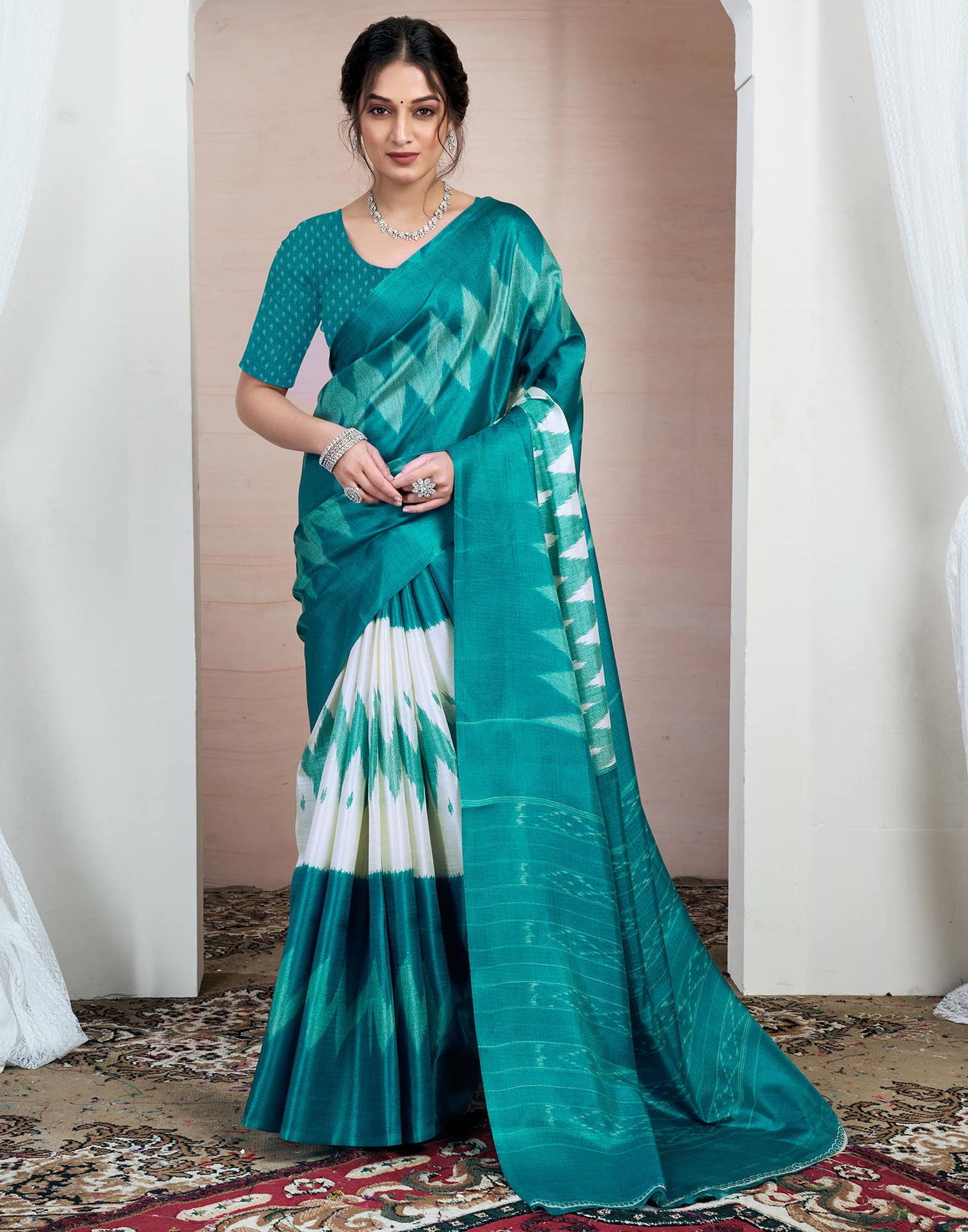 Teal Blue Bhagalpuri Silk Printed Saree