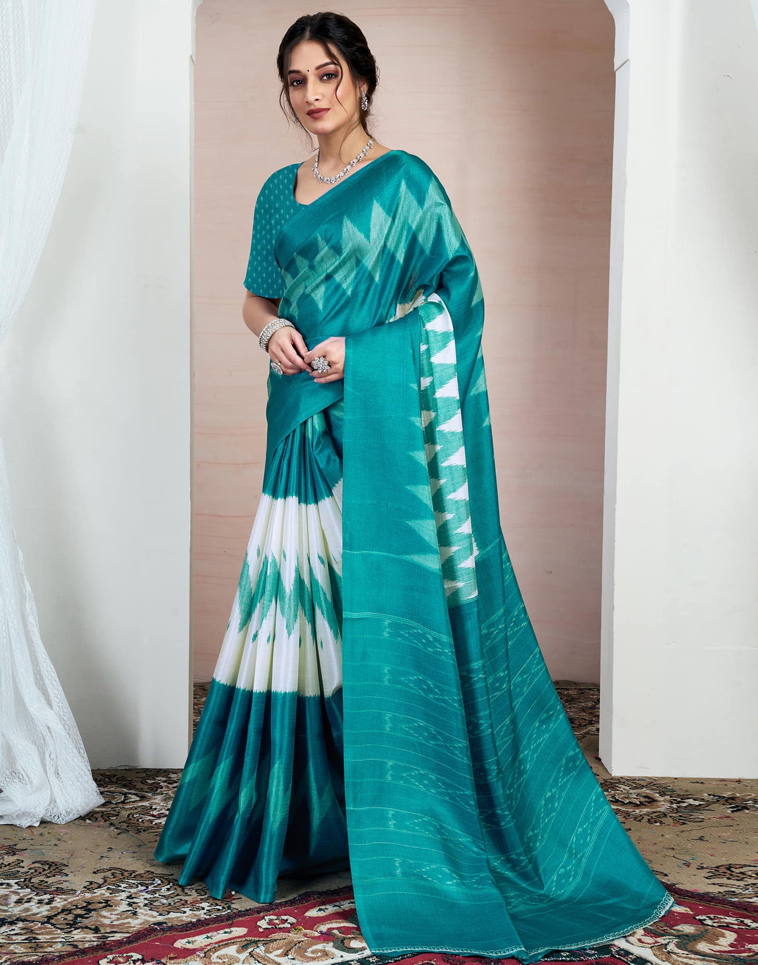 Teal Blue Bhagalpuri Silk Printed Saree