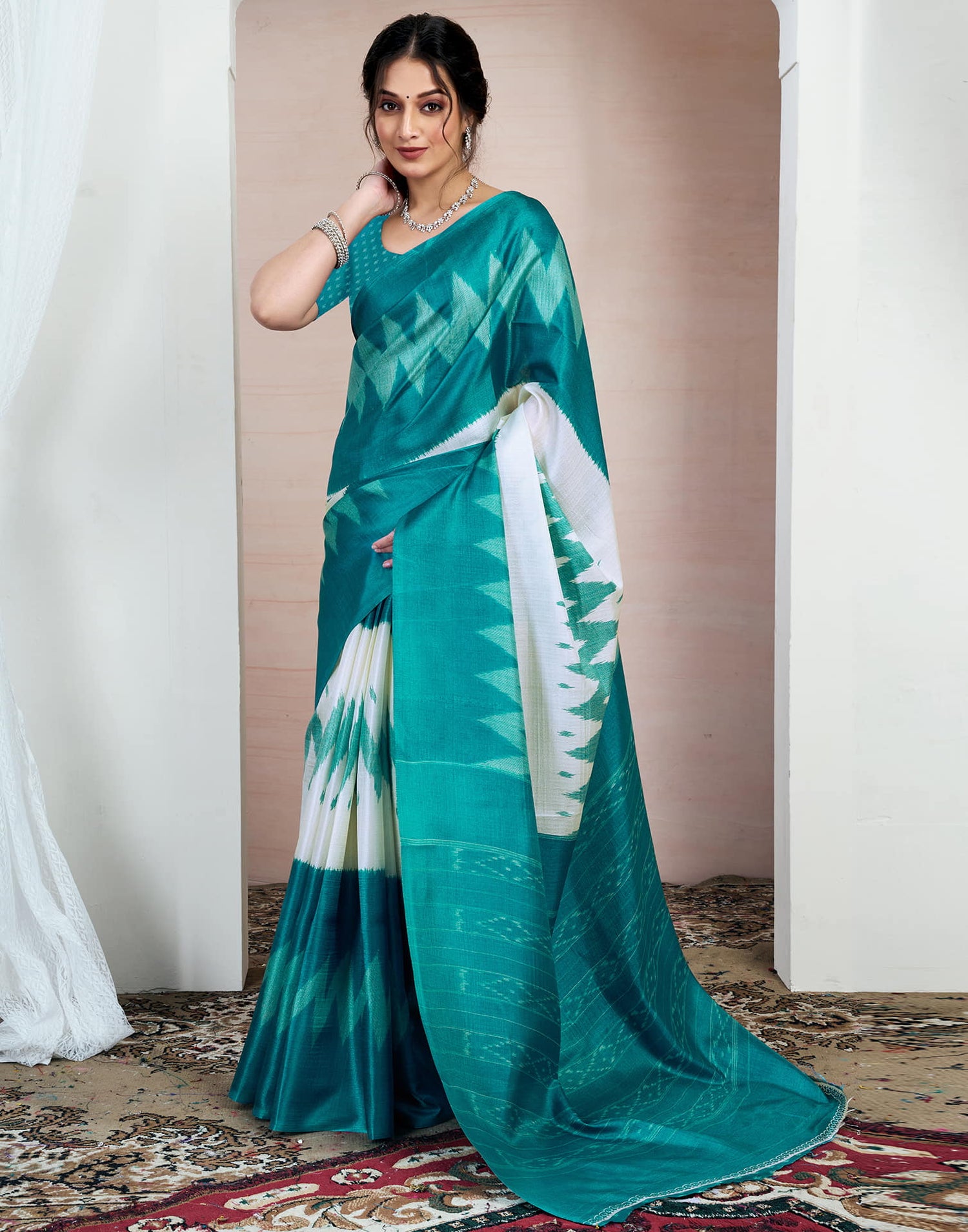 Teal Blue Bhagalpuri Silk Printed Saree