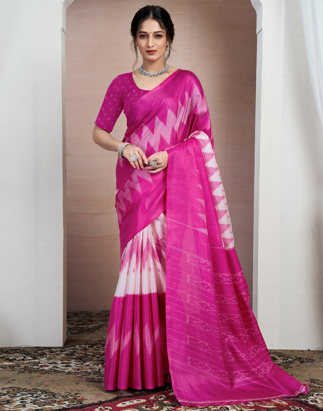 Pink Bhagalpuri Silk Printed Saree