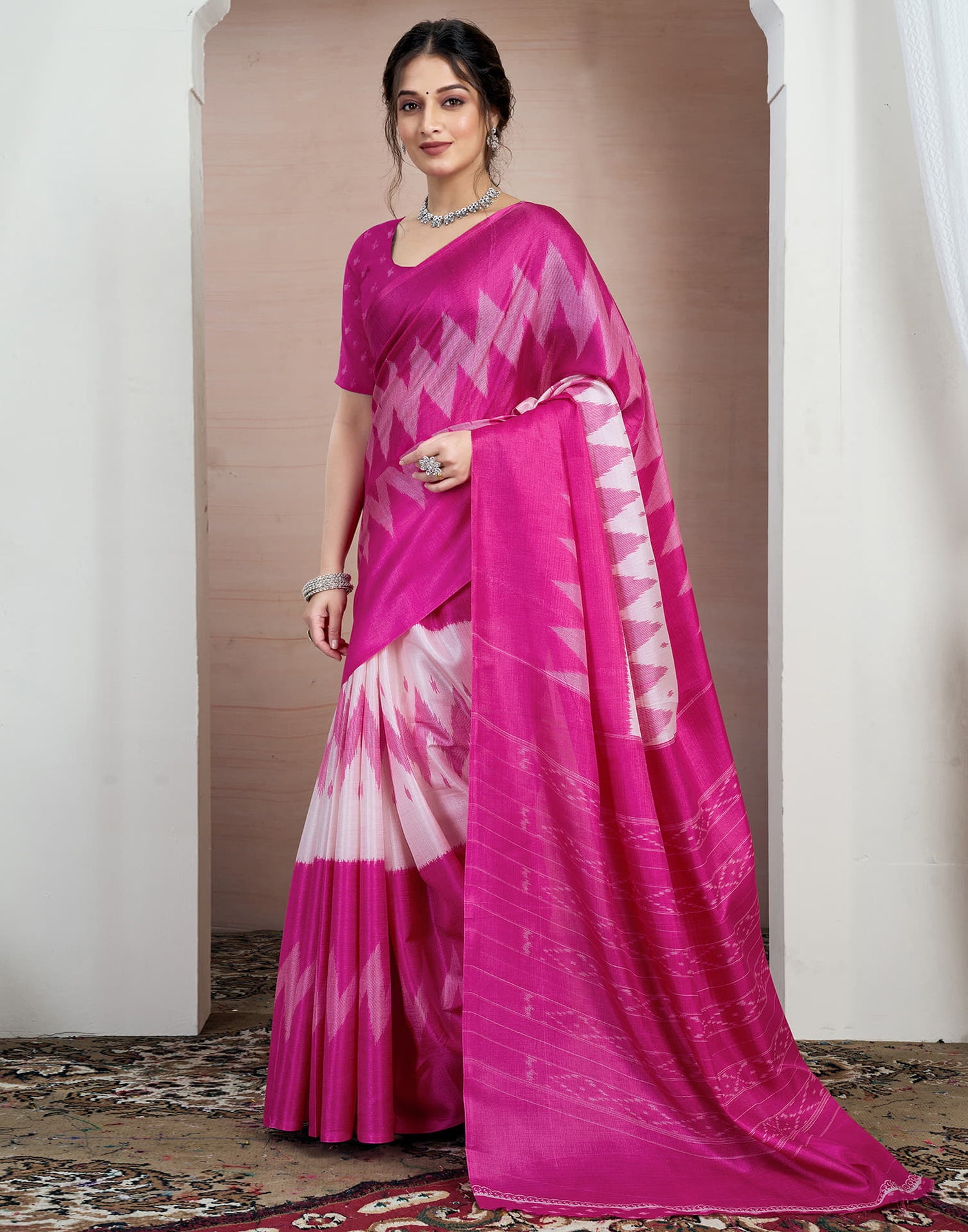 Pink Bhagalpuri Silk Printed Saree