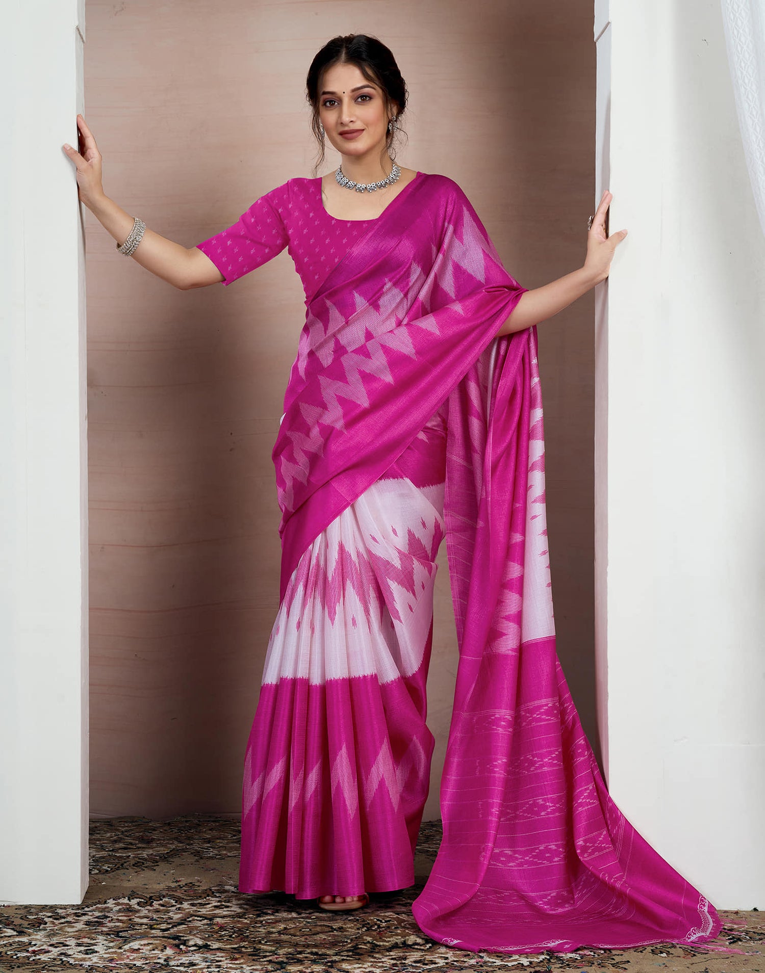 Pink Bhagalpuri Silk Printed Saree