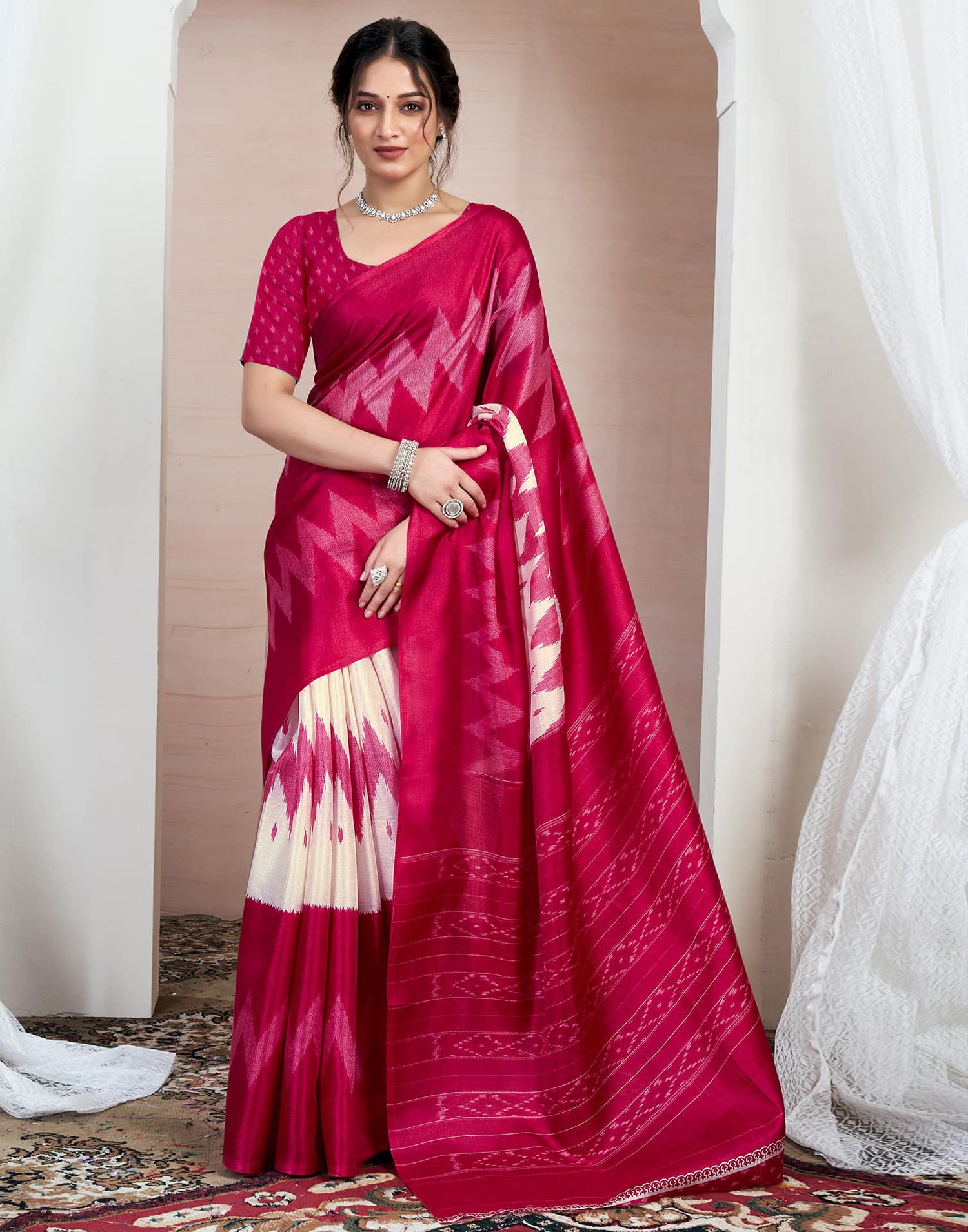 Dark Rose Pink Bhagalpuri Silk Printed Saree