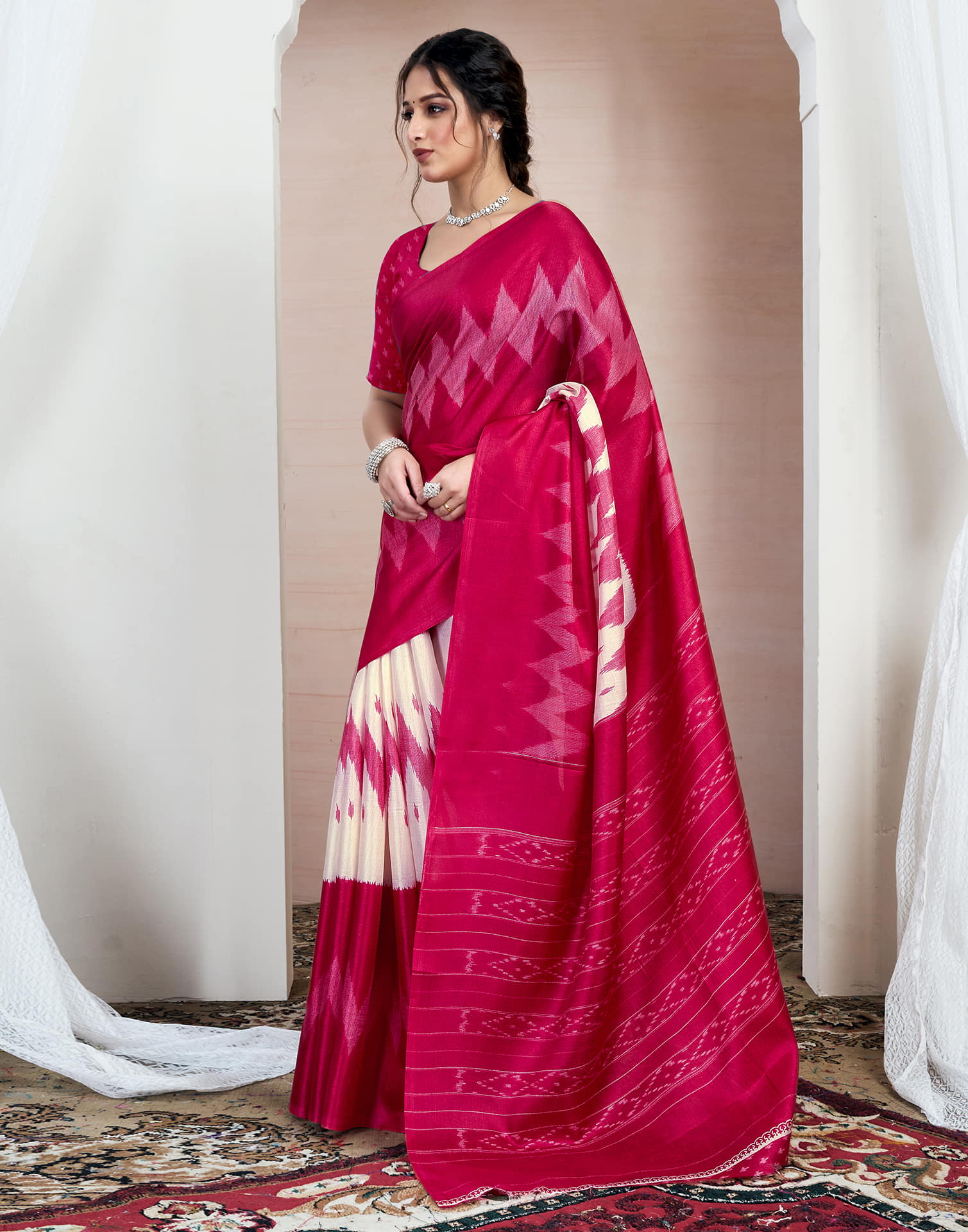 Dark Rose Pink Bhagalpuri Silk Printed Saree