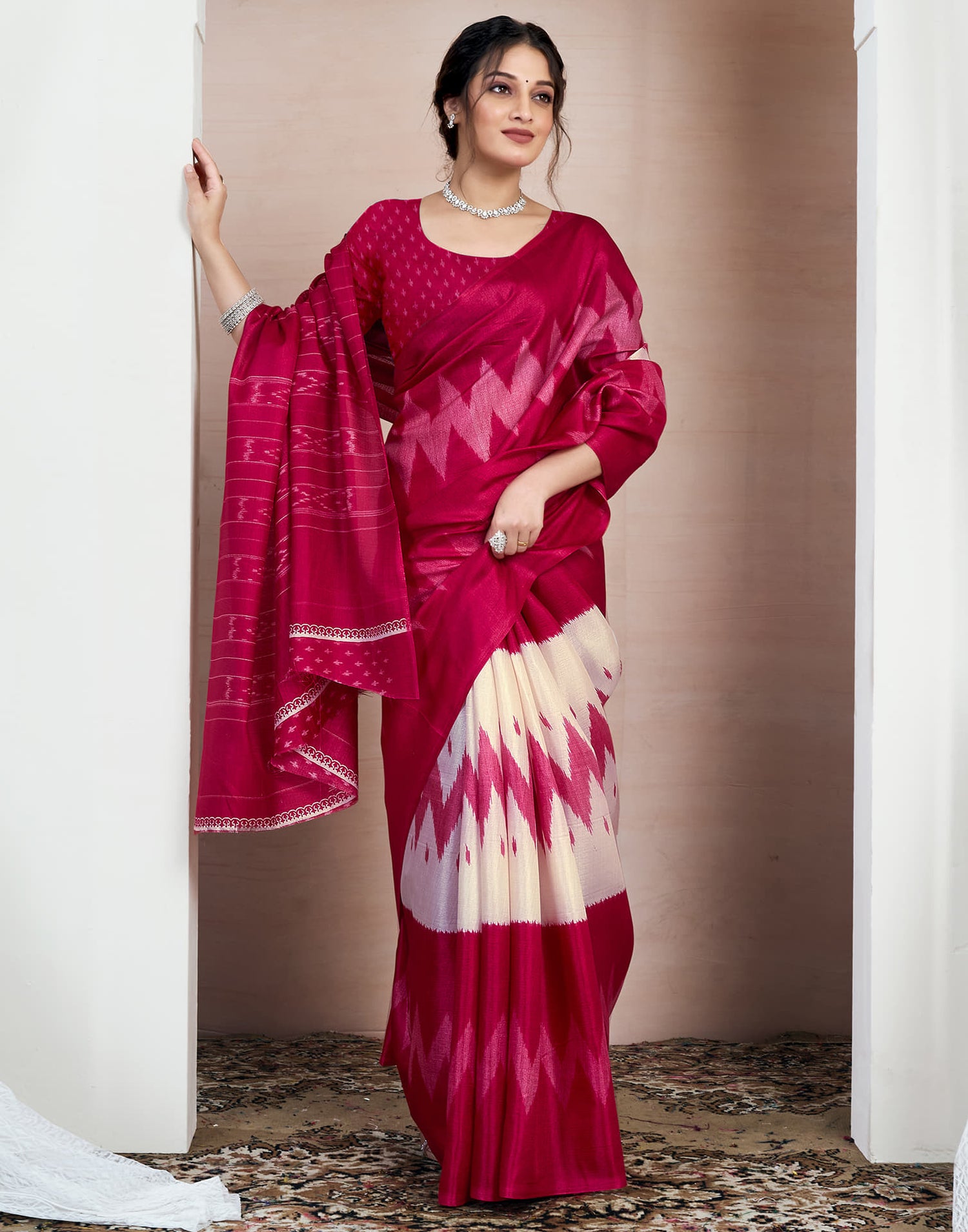 Dark Rose Pink Bhagalpuri Silk Printed Saree