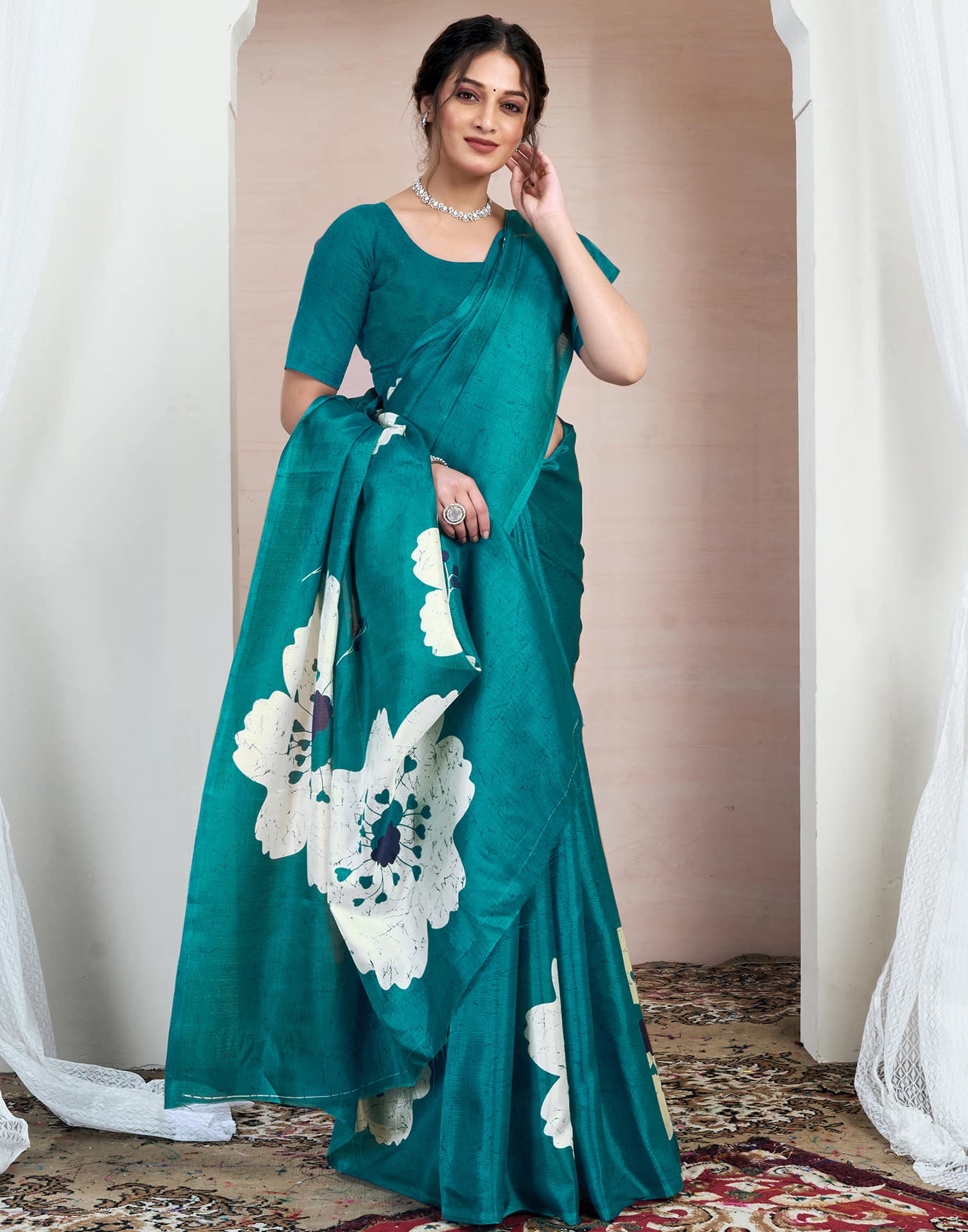 Teal Green Bhagalpuri Silk Printed Saree