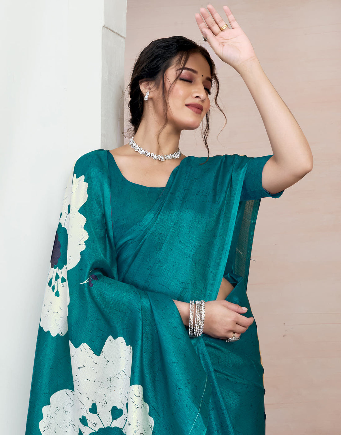 Teal Green Bhagalpuri Silk Printed Saree