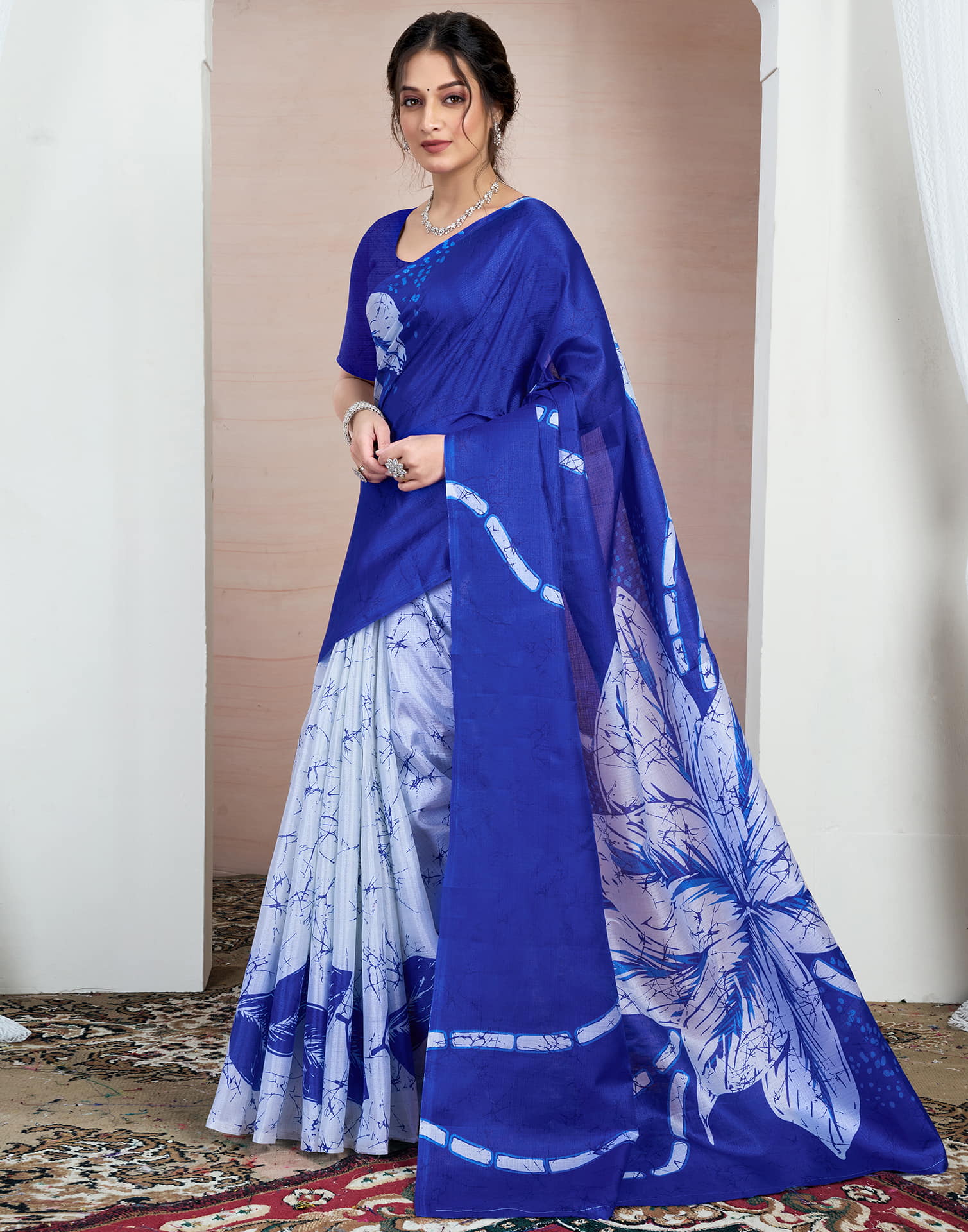 Dark Blue Bhagalpuri Silk Printed Saree