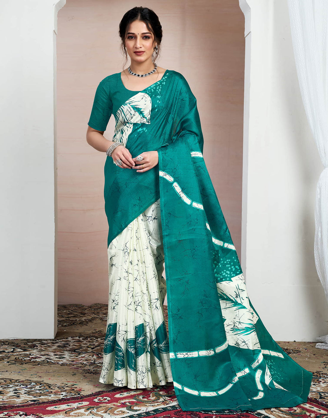 Teal Green Bhagalpuri Silk Printed Saree