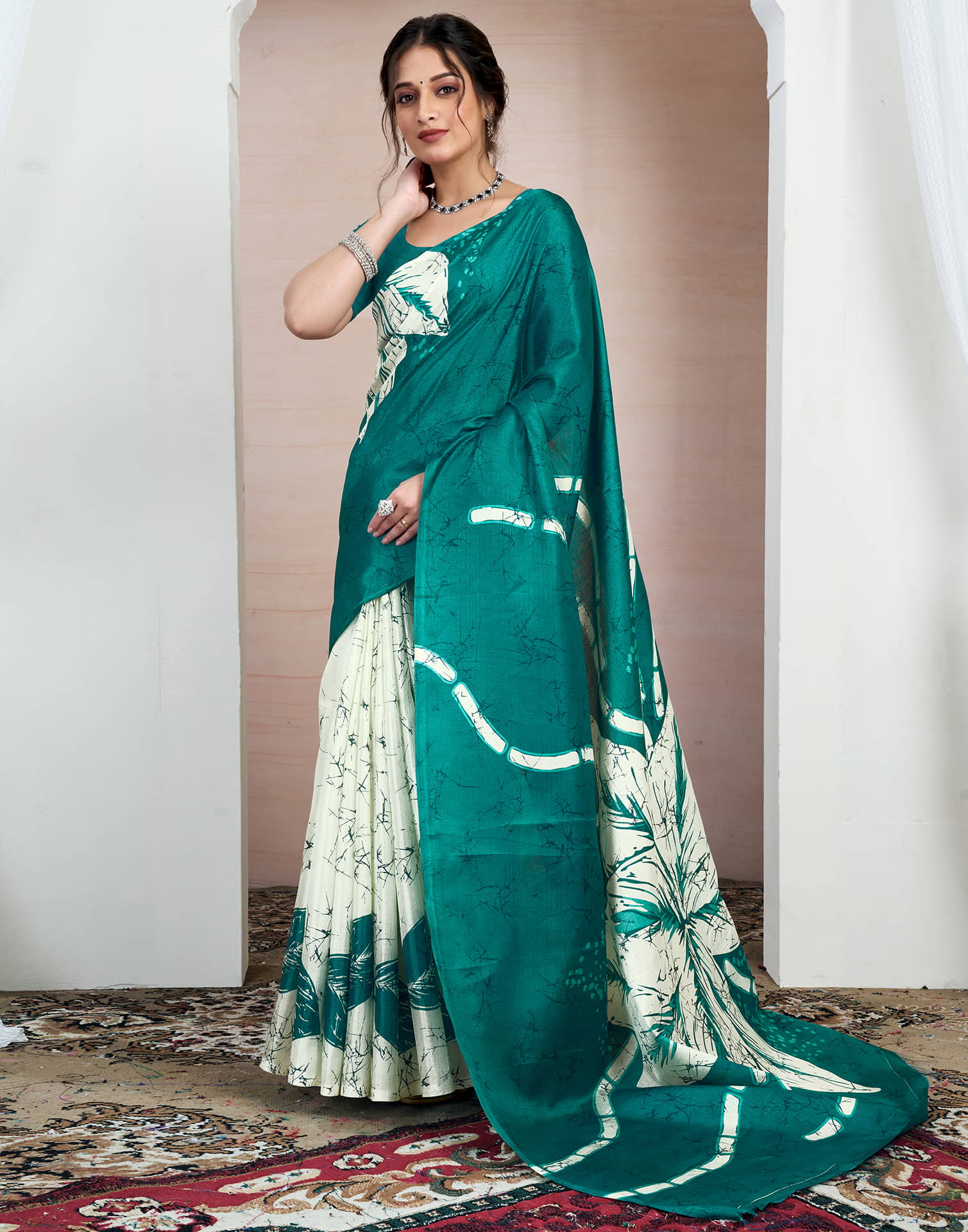 Teal Green Bhagalpuri Silk Printed Saree