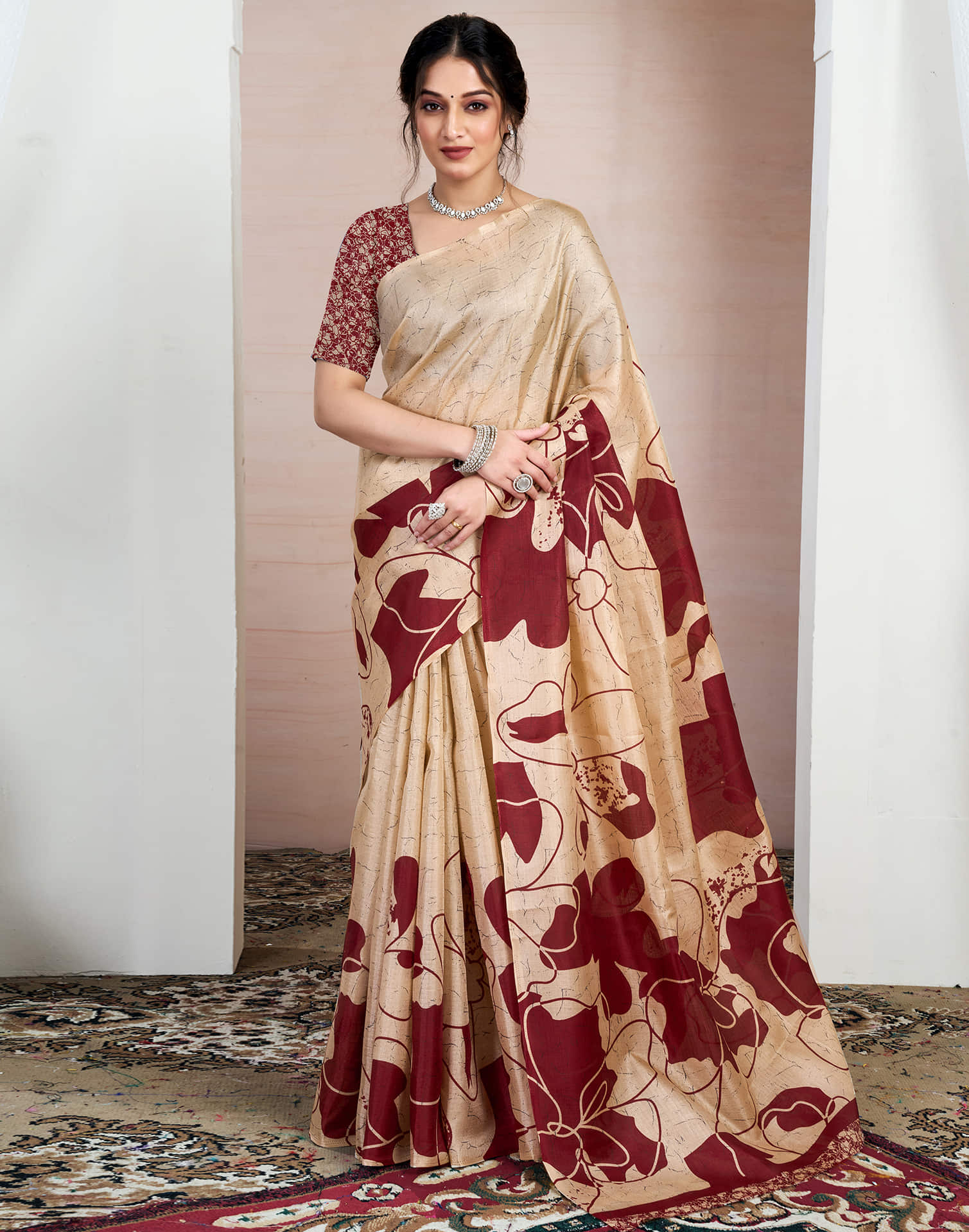 Beige Bhagalpuri Silk Printed Saree