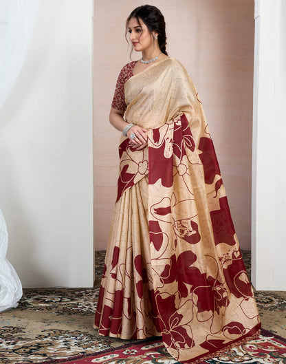 Beige Bhagalpuri Silk Printed Saree