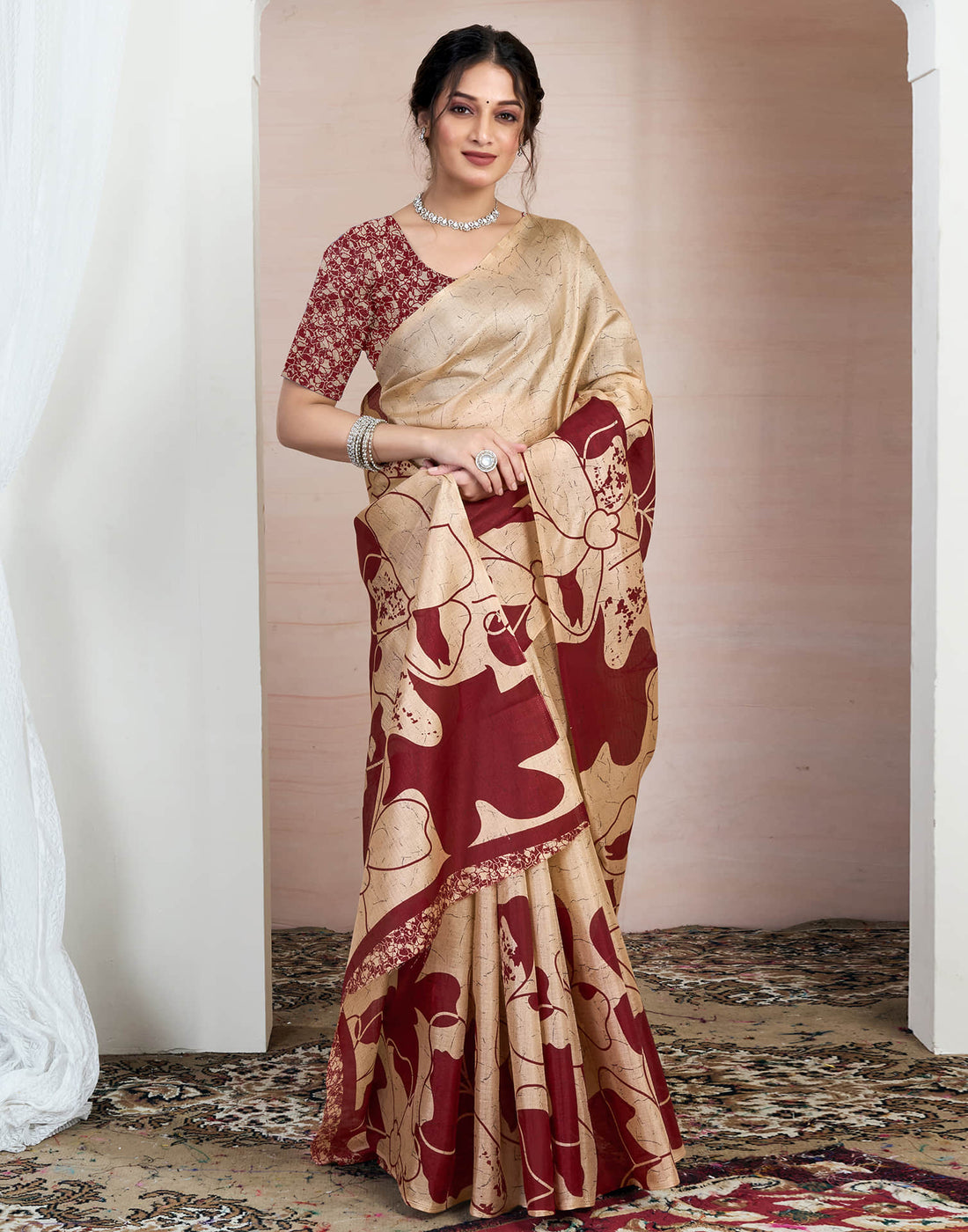 Beige Bhagalpuri Silk Printed Saree