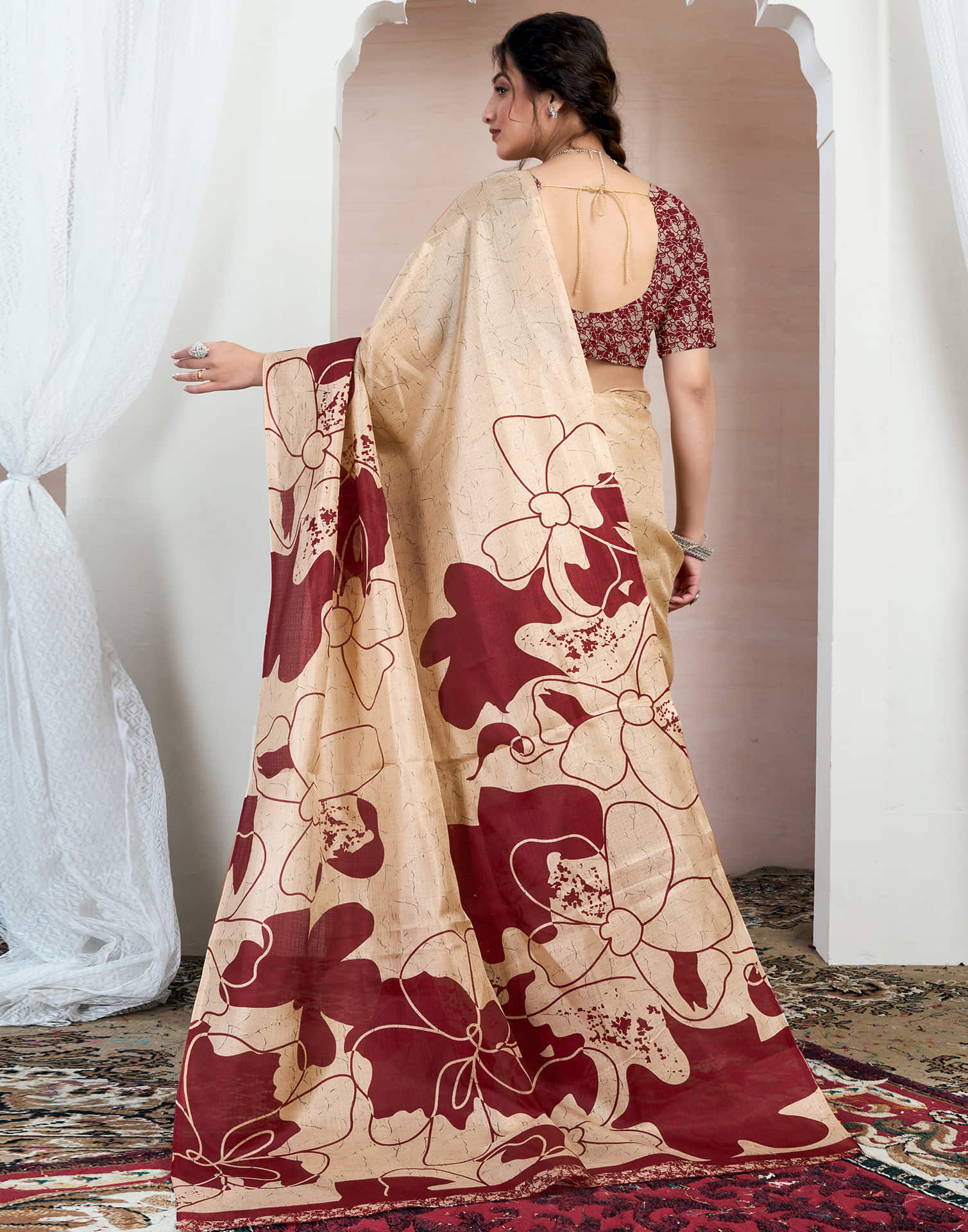 Beige Bhagalpuri Silk Printed Saree