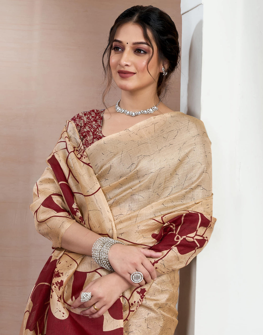 Beige Bhagalpuri Silk Printed Saree