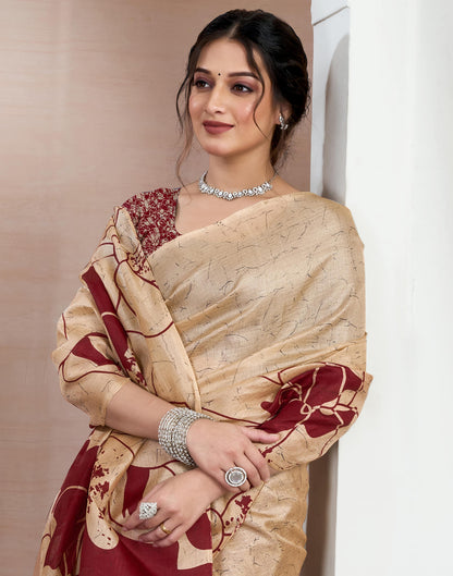 Beige Bhagalpuri Silk Printed Saree