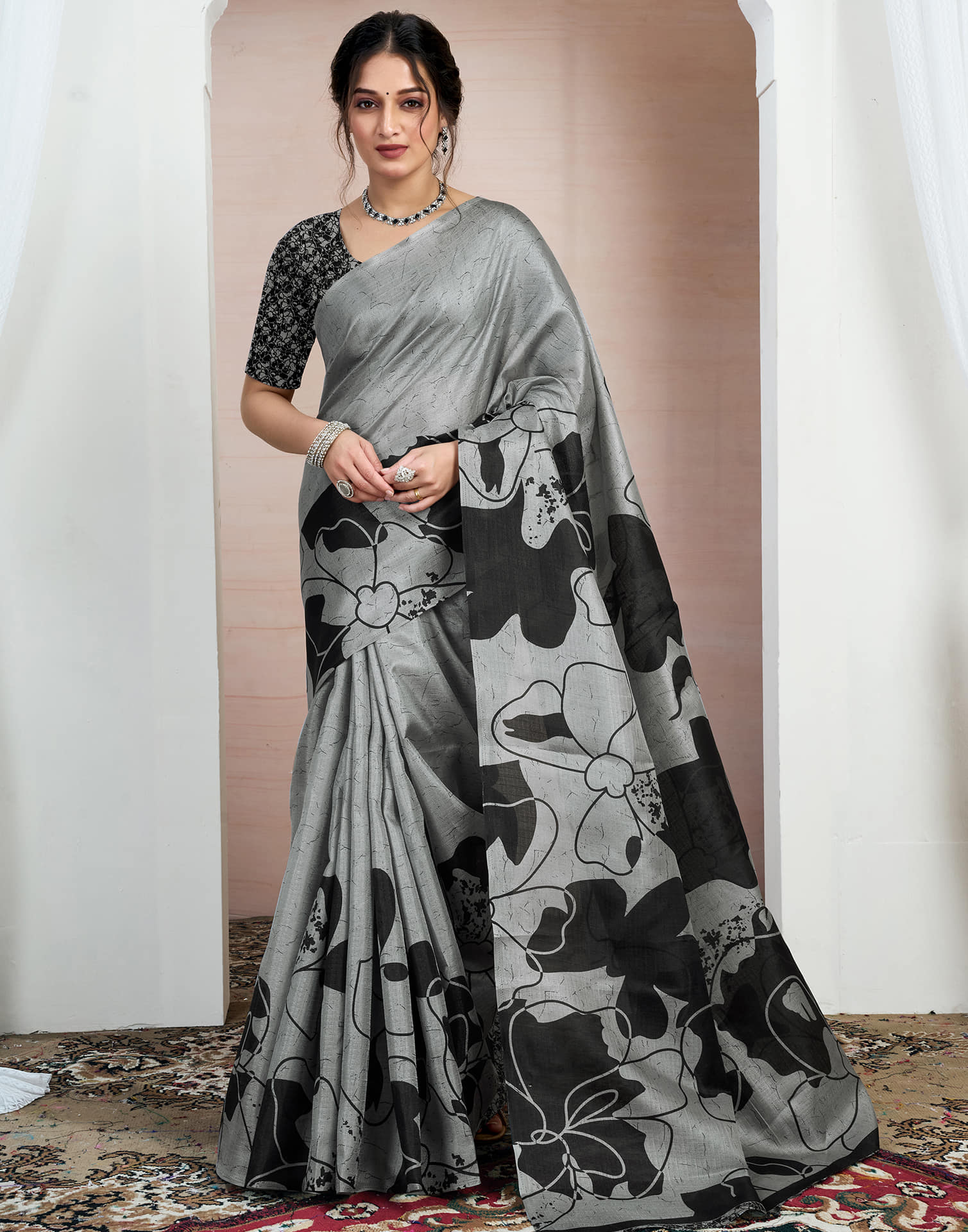 Grey Bhagalpuri Silk Printed Saree