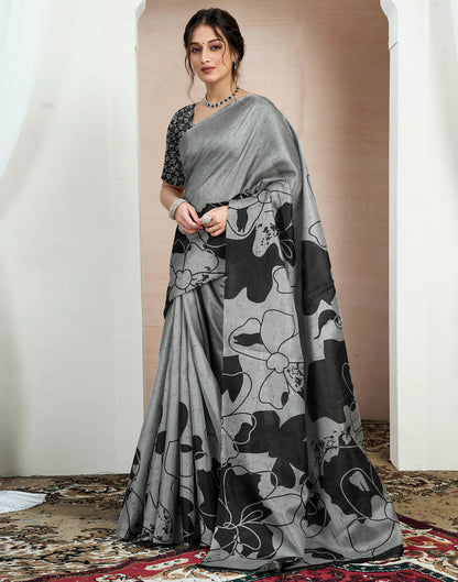 Grey Bhagalpuri Silk Printed Saree