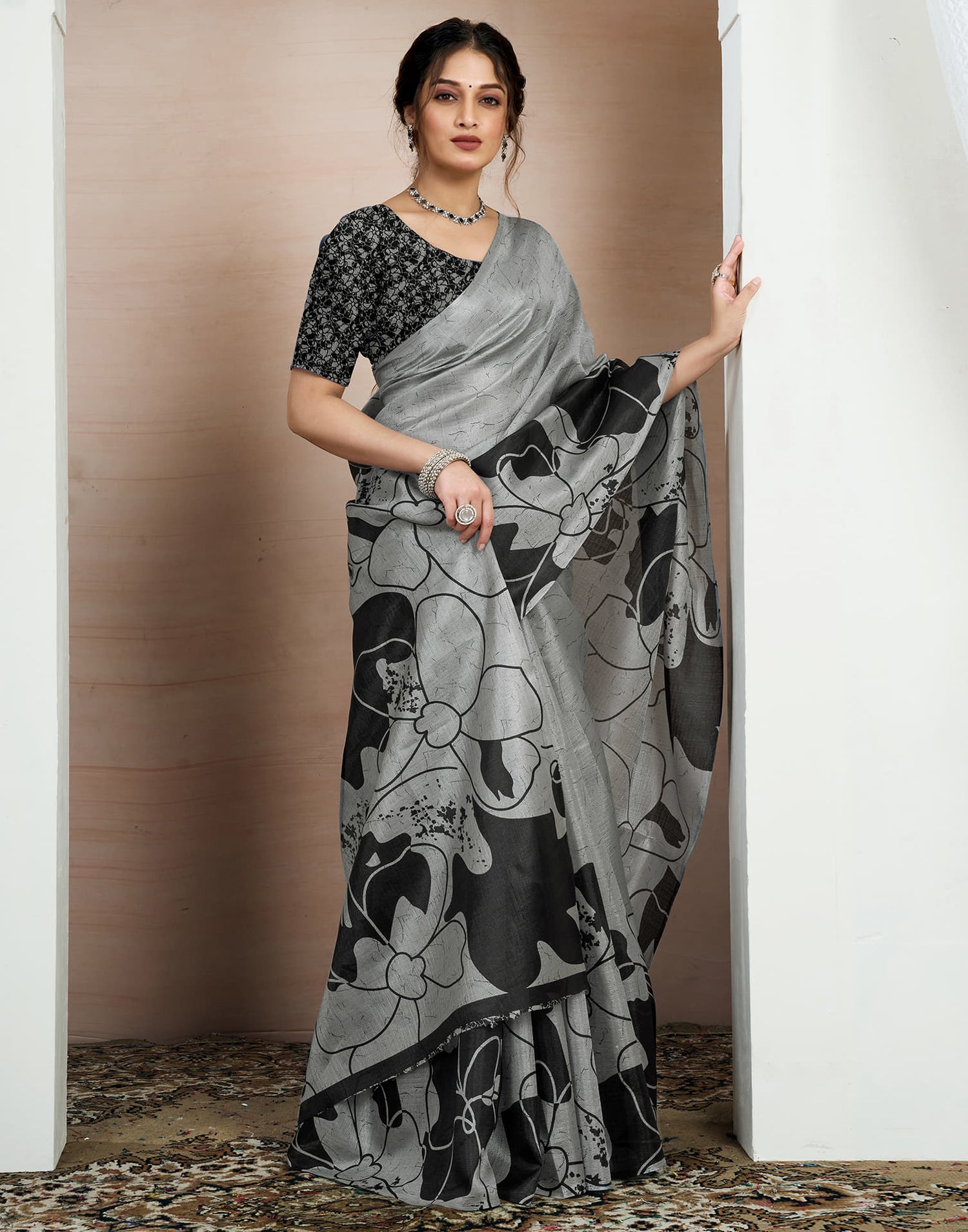 Grey Bhagalpuri Silk Printed Saree