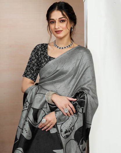 Grey Bhagalpuri Silk Printed Saree