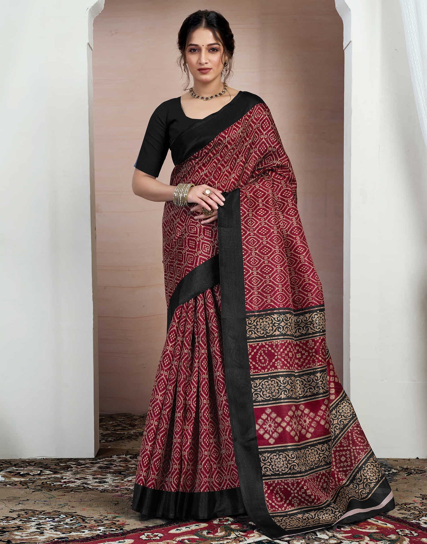 Maroon Bhagalpuri Silk Printed Saree