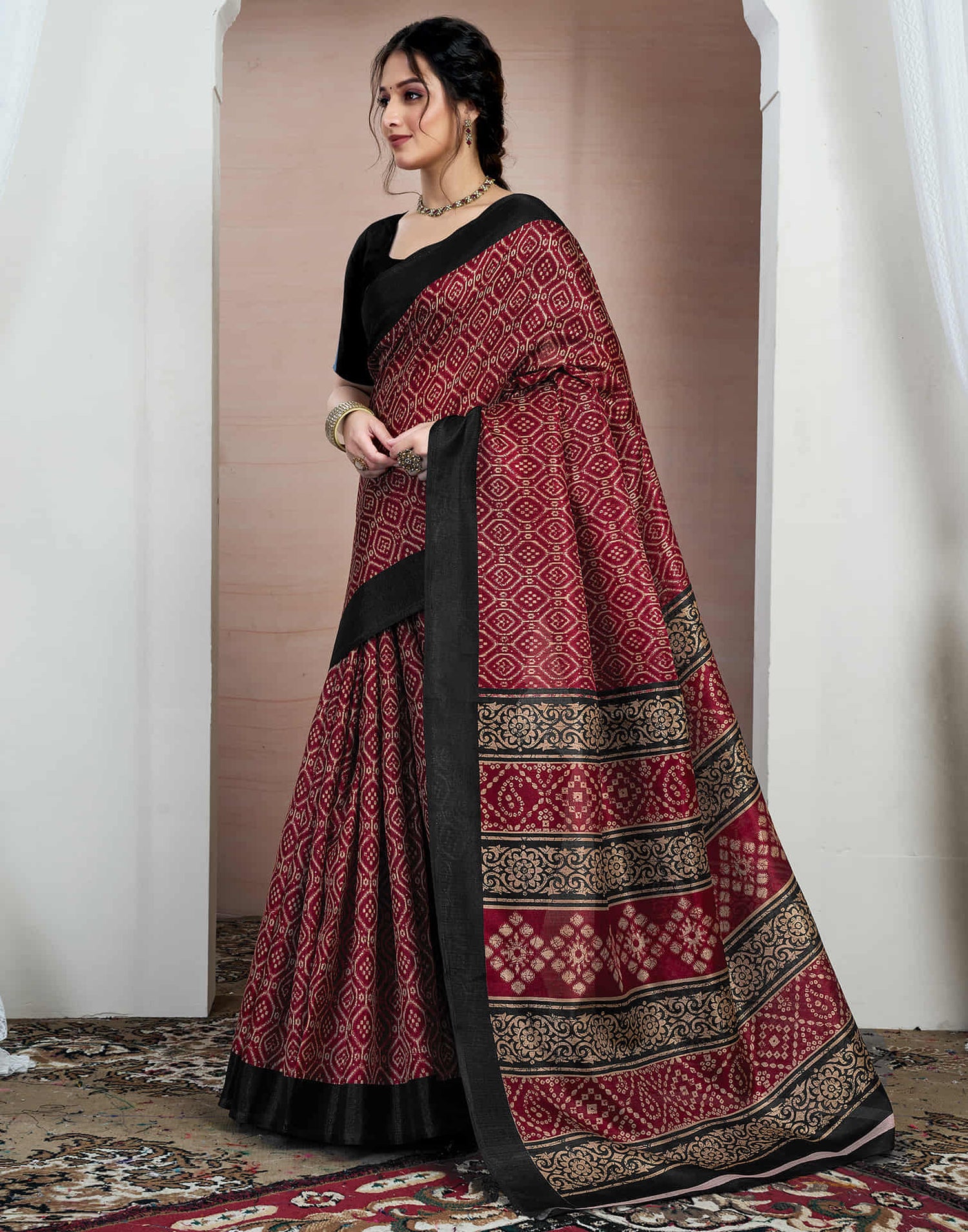 Maroon Bhagalpuri Silk Printed Saree