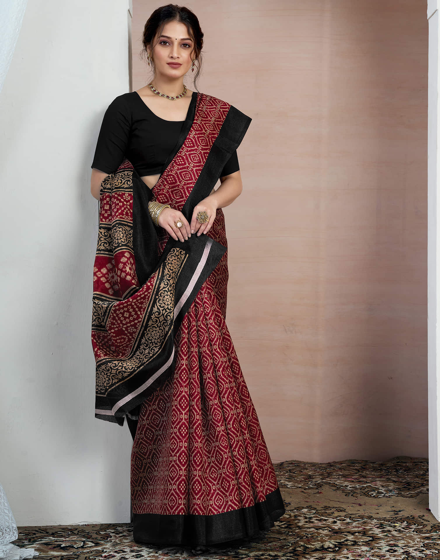 Maroon Bhagalpuri Silk Printed Saree